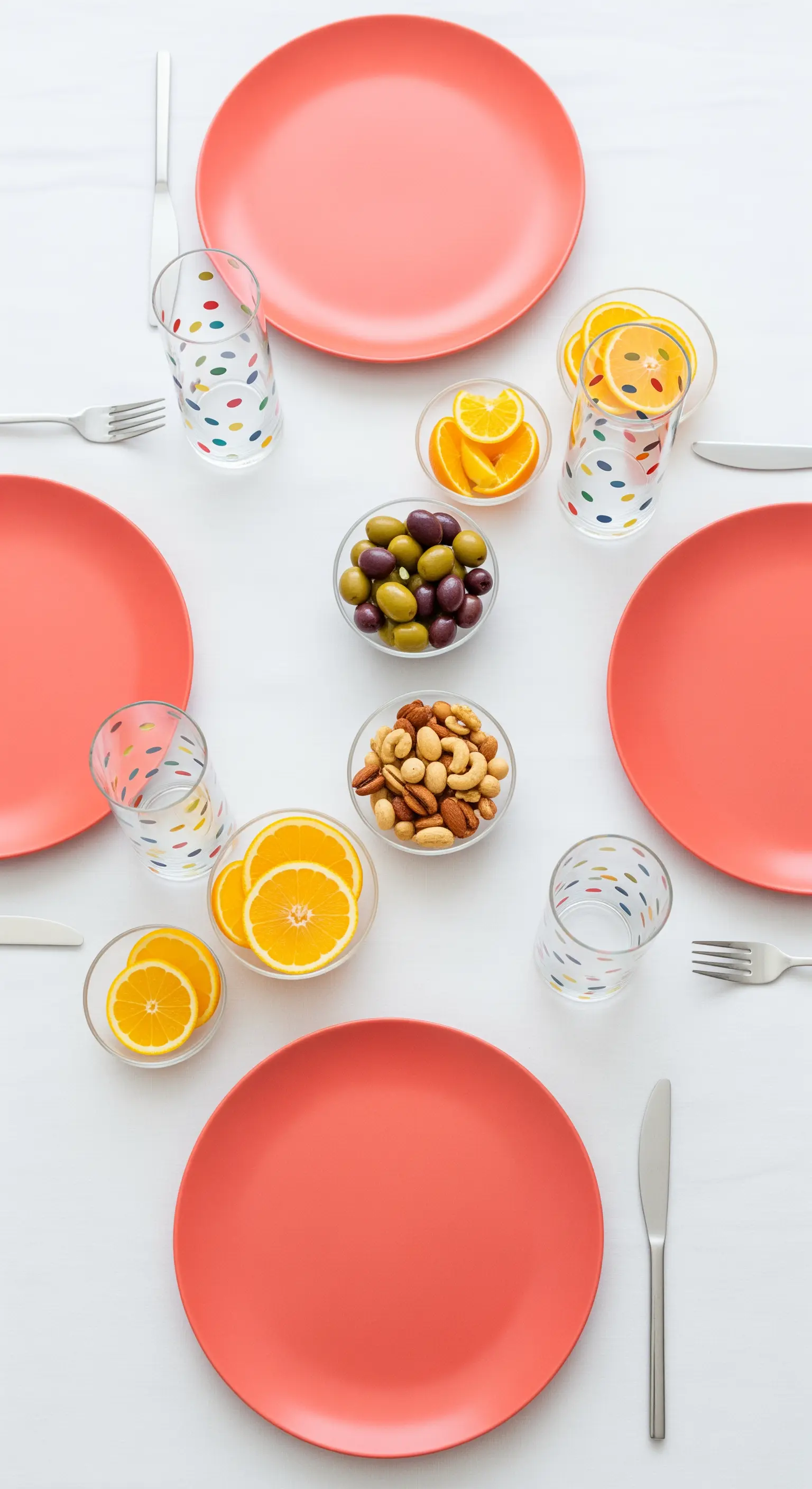 Tavola vivace con tovaglia bianca, piatti color corallo e bicchieri a pois colorati