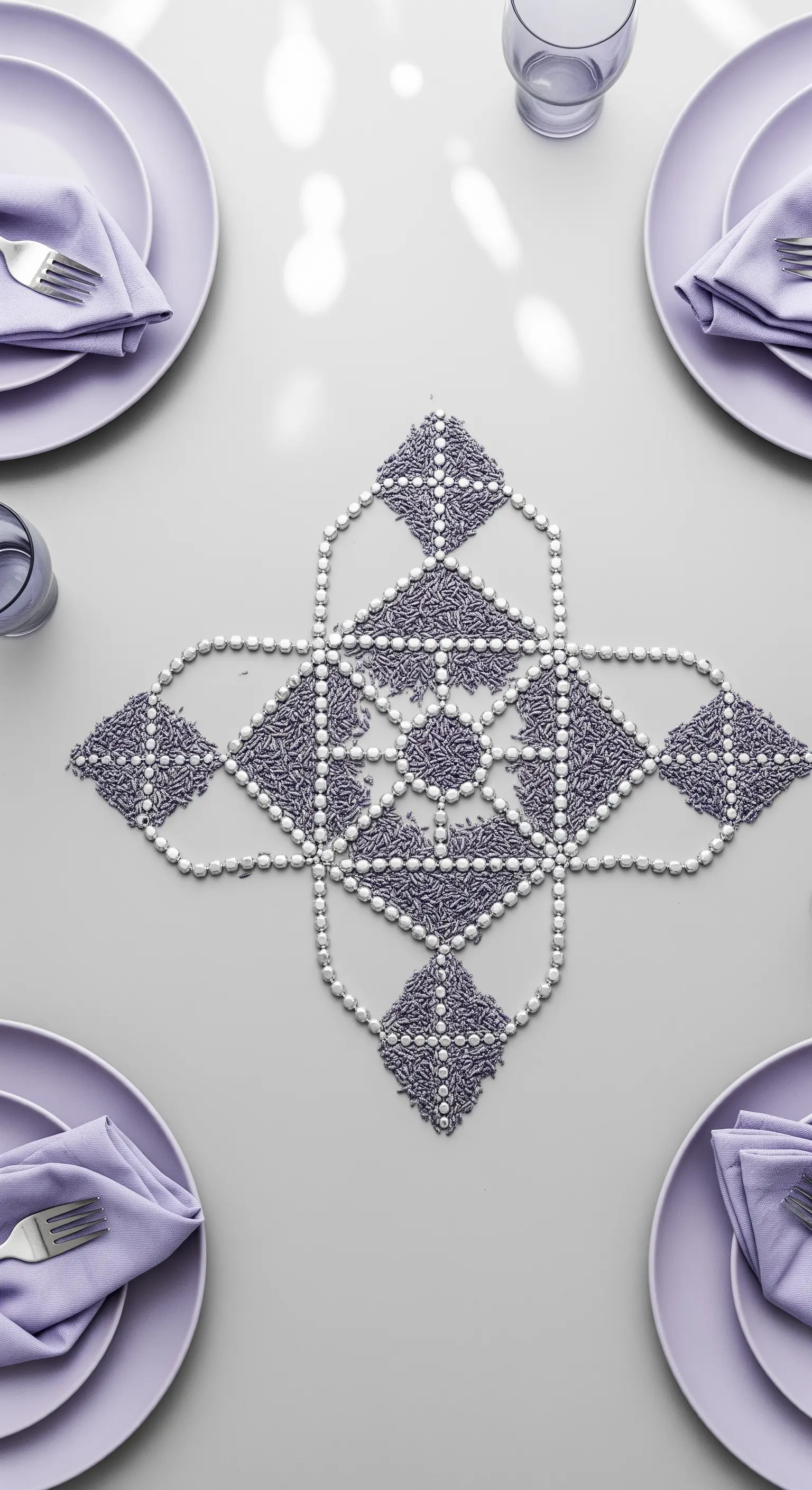 Centrotavola geometrico realizzato con perline e zuccherini color lavanda.