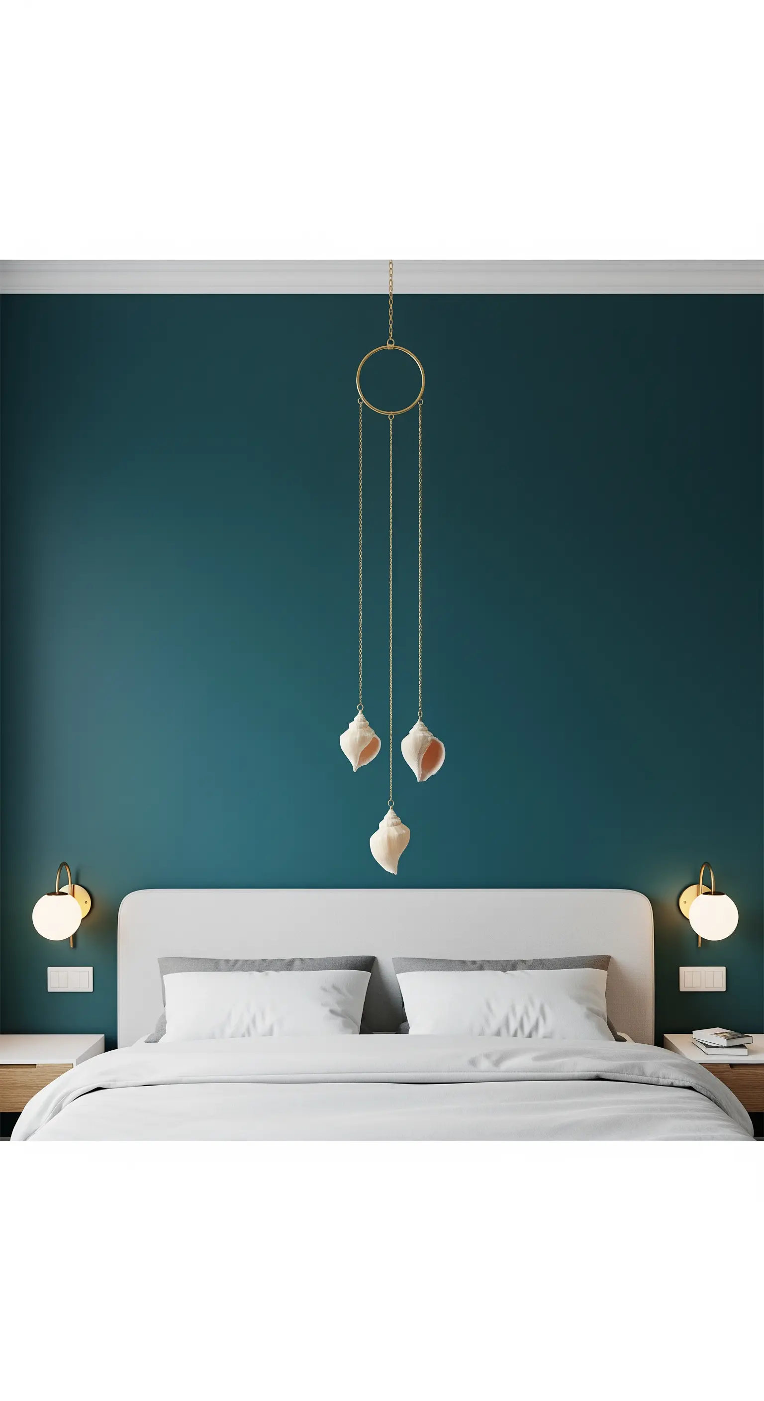 Decorazione sospesa minimalista con anello dorato e tre conchiglie su catenine.