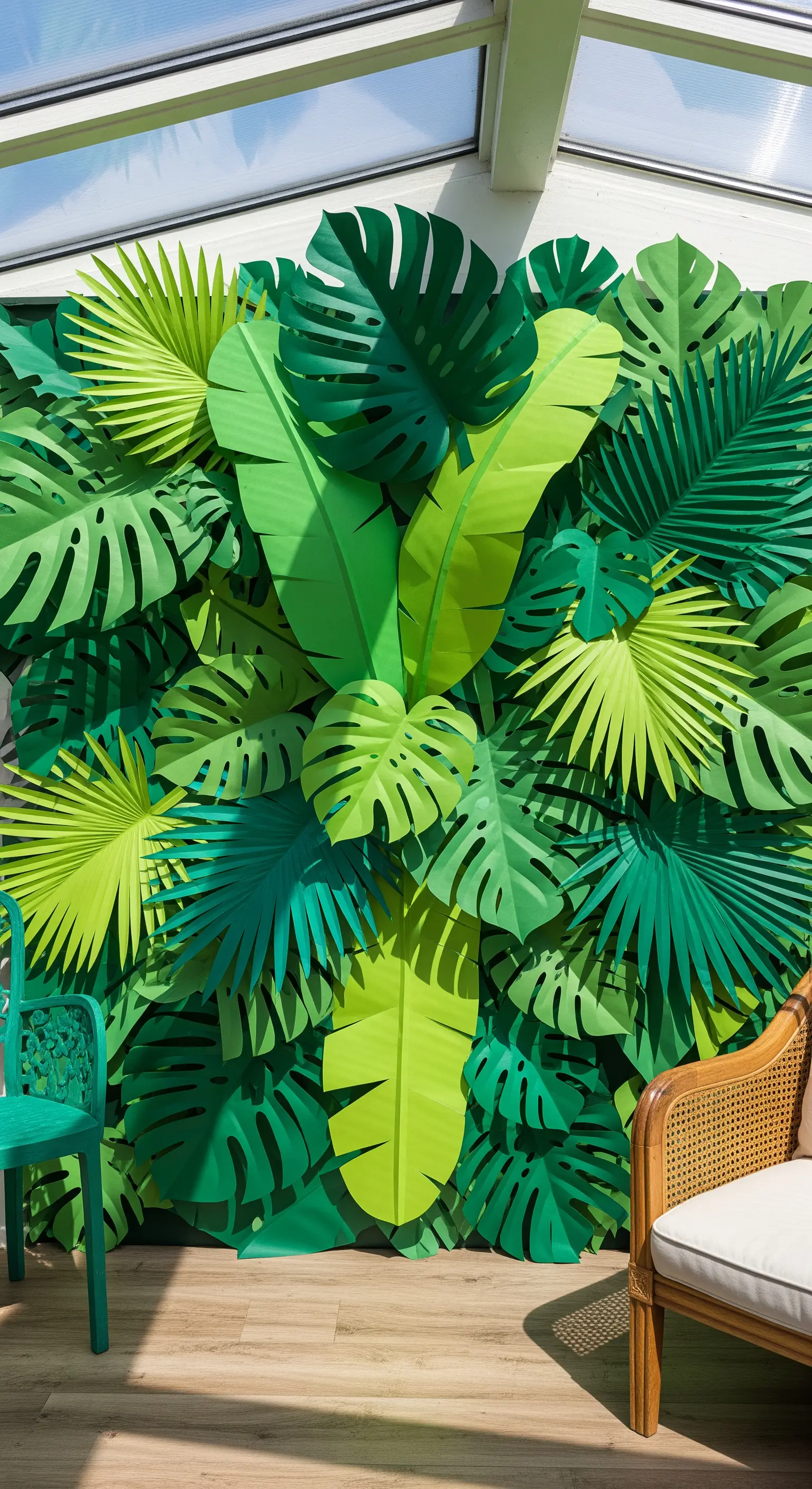 Una parete intera ricoperta di grandi foglie tropicali di carta in varie tonalità di verde.
