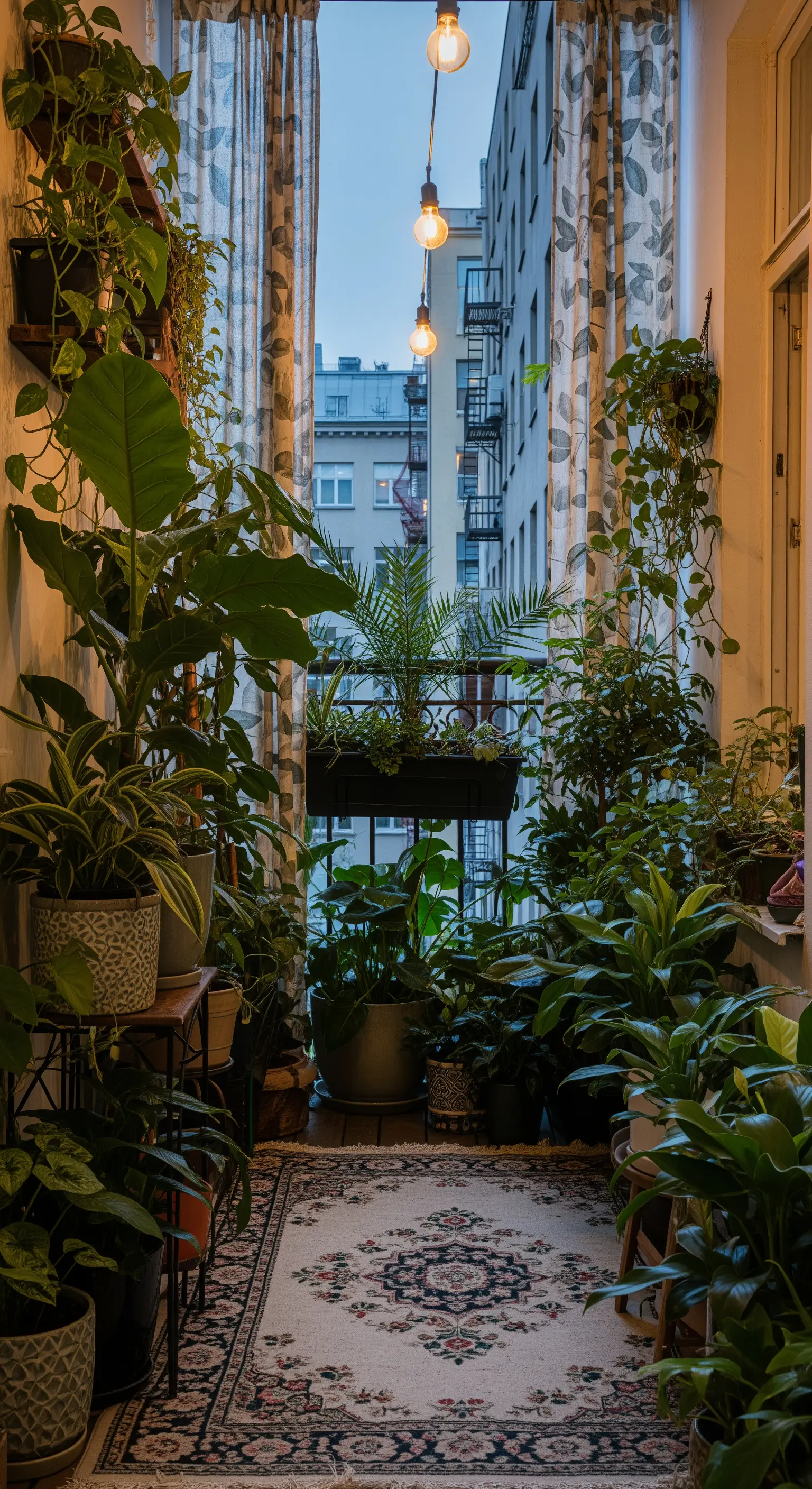 Balcone stretto e lungo pieno di piante verdi, con un tappeto persiano e luci a sospensione.