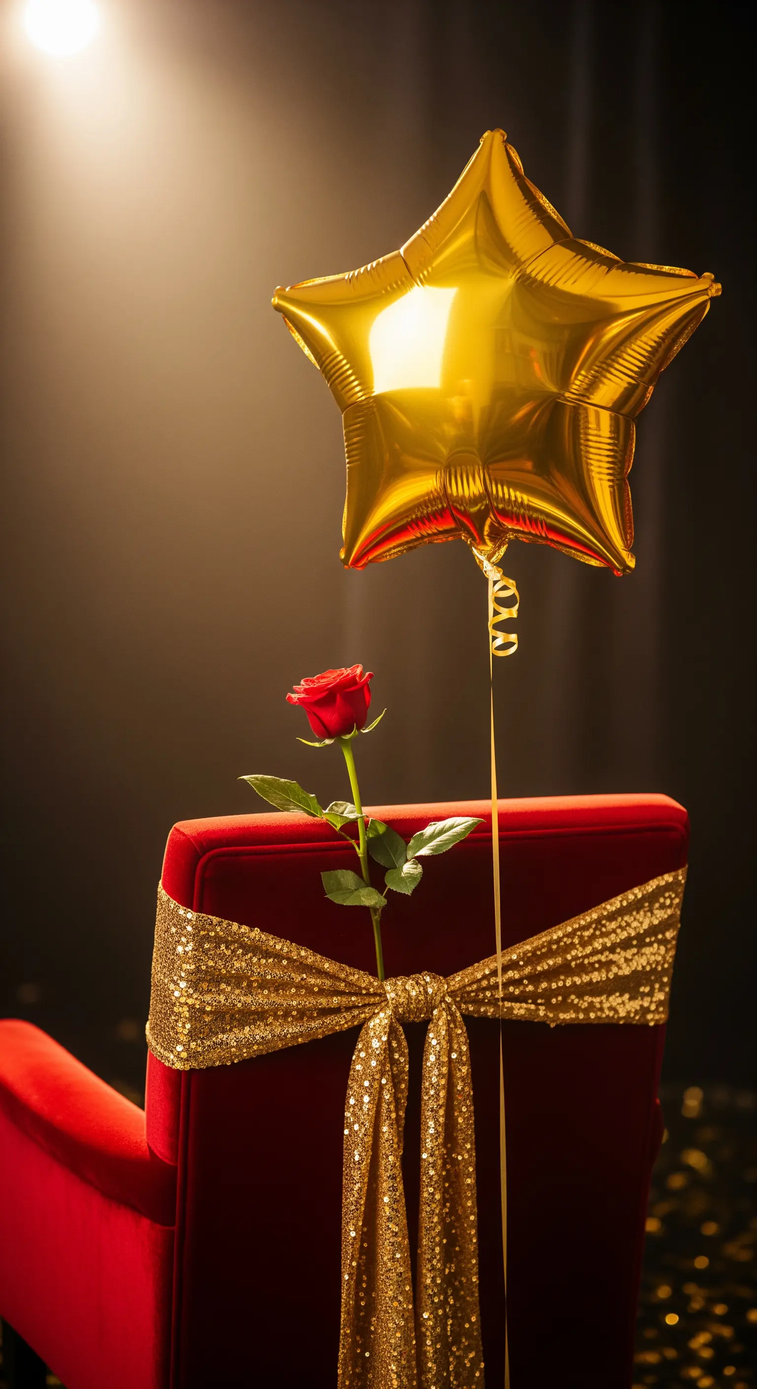 Poltrona in velluto rosso con fascia dorata, rosa rossa e palloncino a stella.