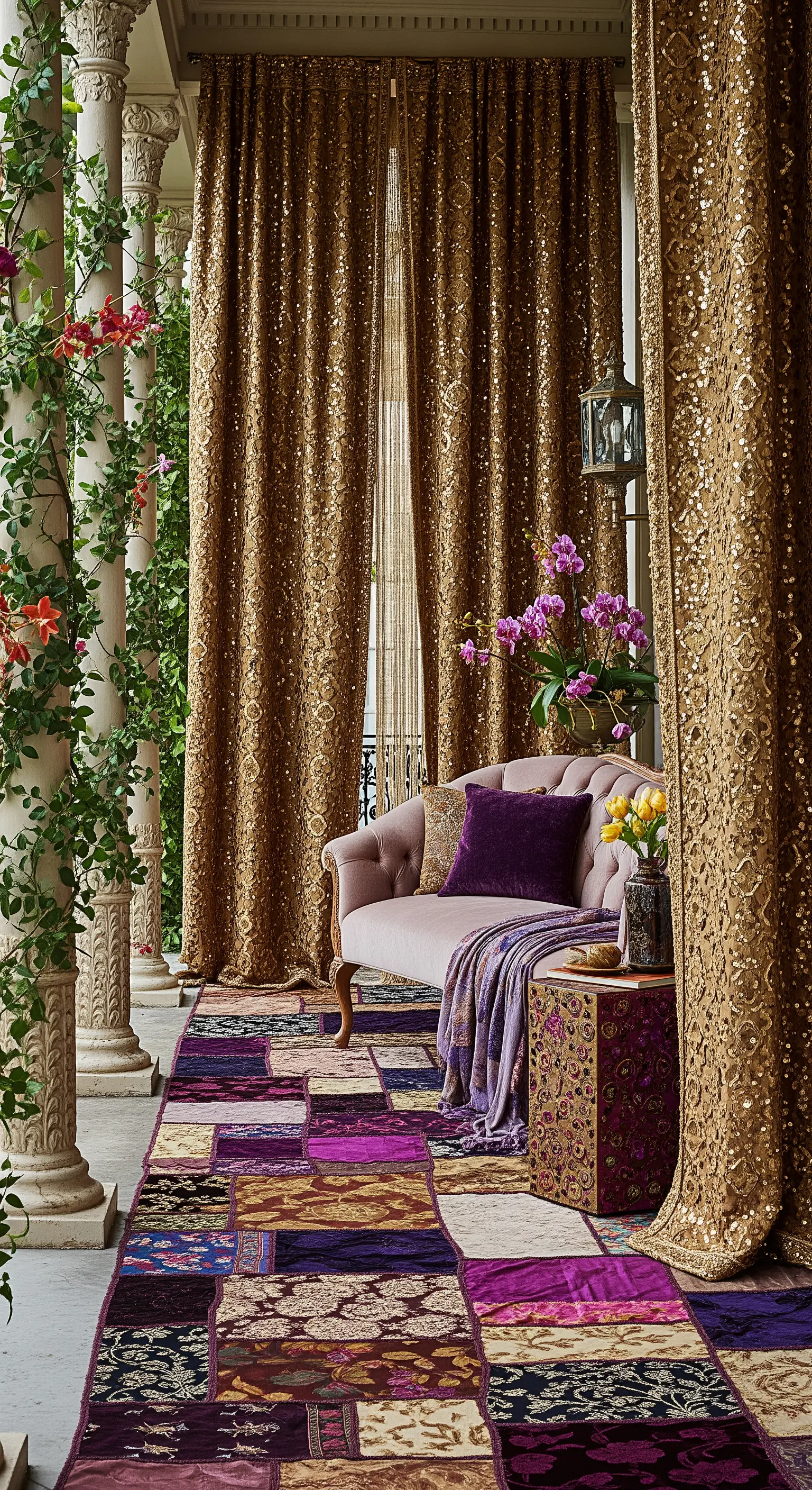 Portico lussuoso con tende dorate di paillettes, tappeto in velluto viola e un divanetto rosa antico.