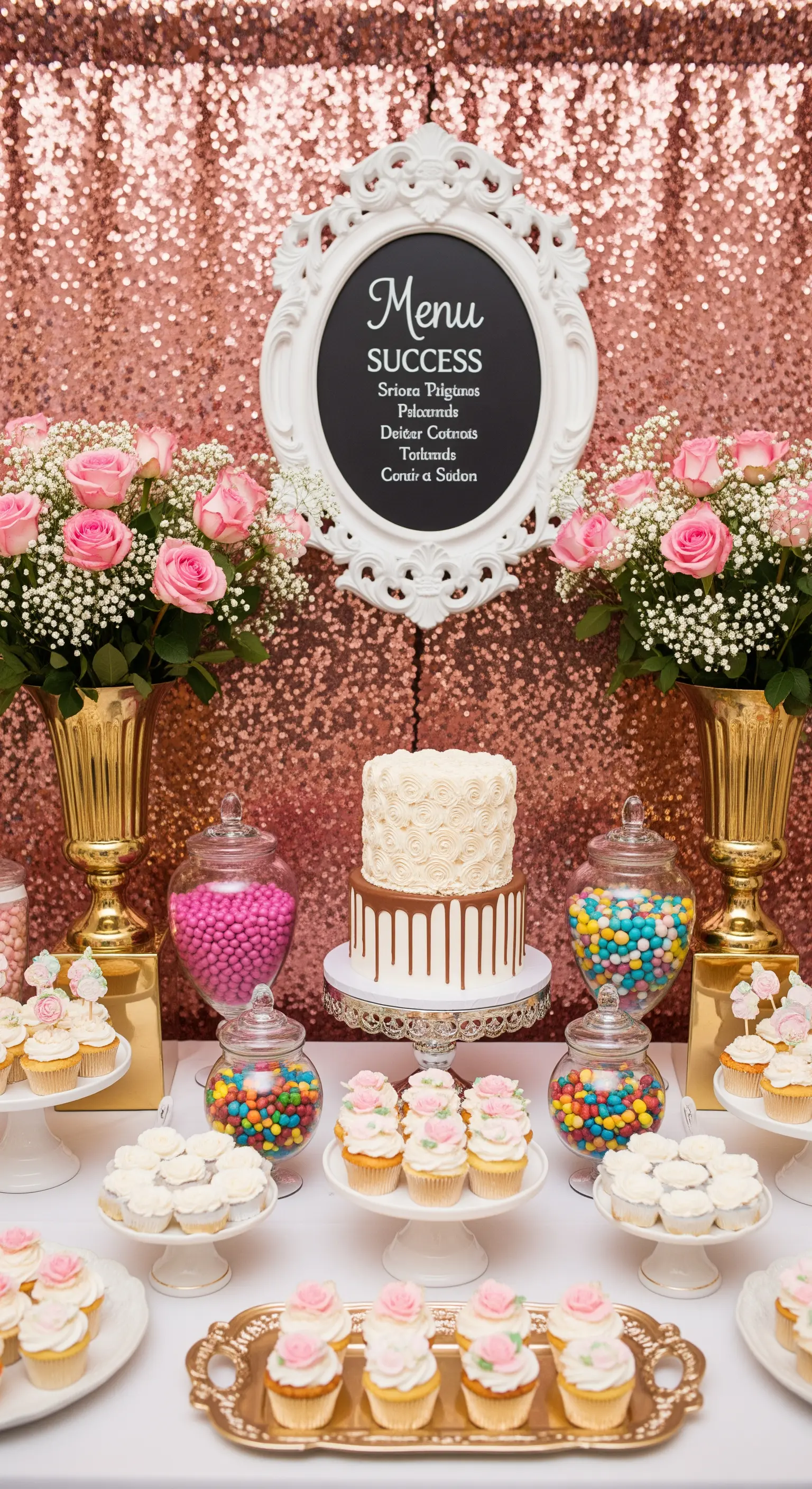 Sweet table con sfondo di paillettes oro rosa, fiori e dettagli dorati.