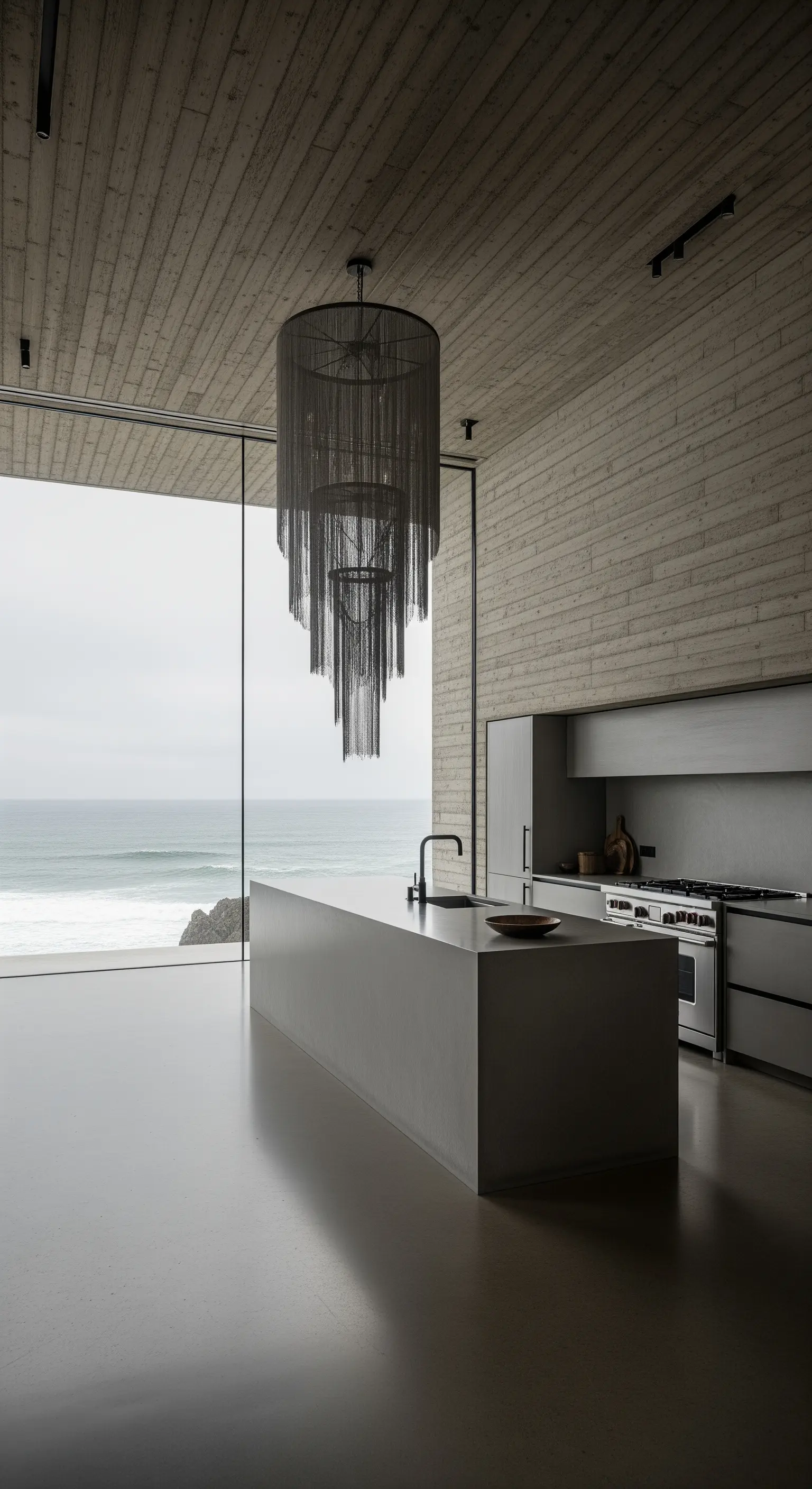 Cucina minimalista in cemento con grande vetrata sull'oceano e lampadario a cascata di catene