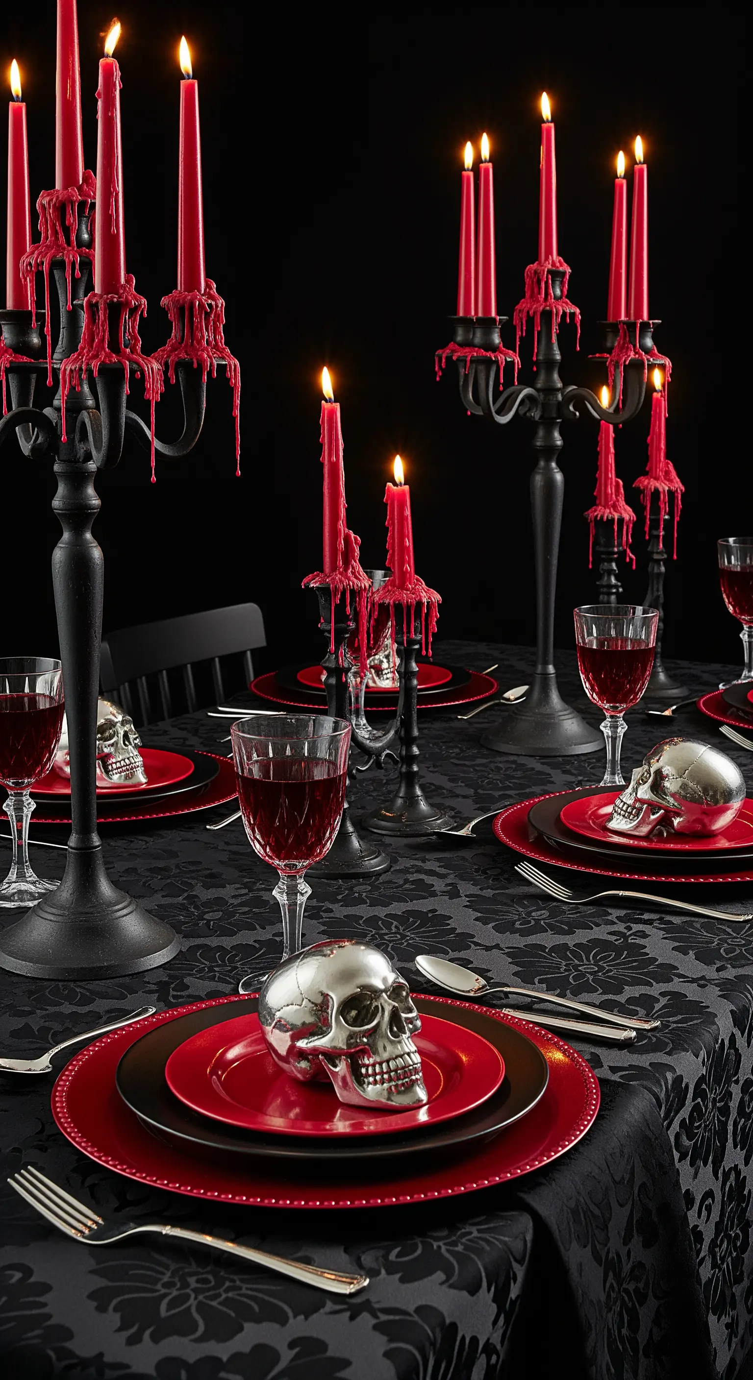 Tavola gotica rossa e nera con candele colanti e teschi argentati.