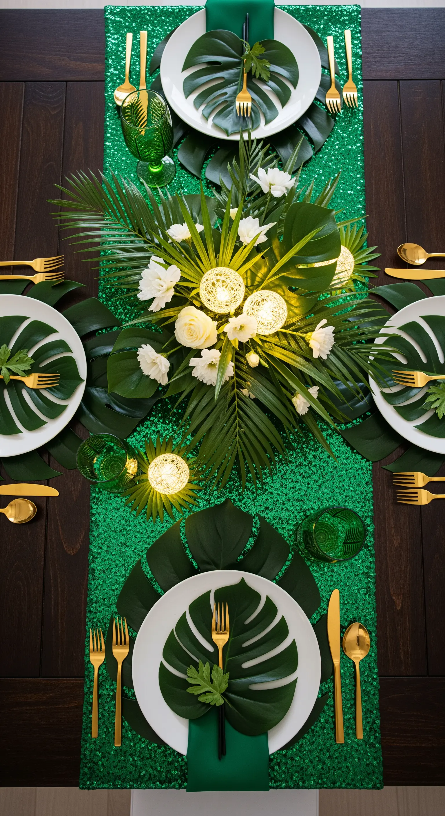 Tavola a tema tropicale con runner di paillettes verdi, foglie di monstera e posate dorate.