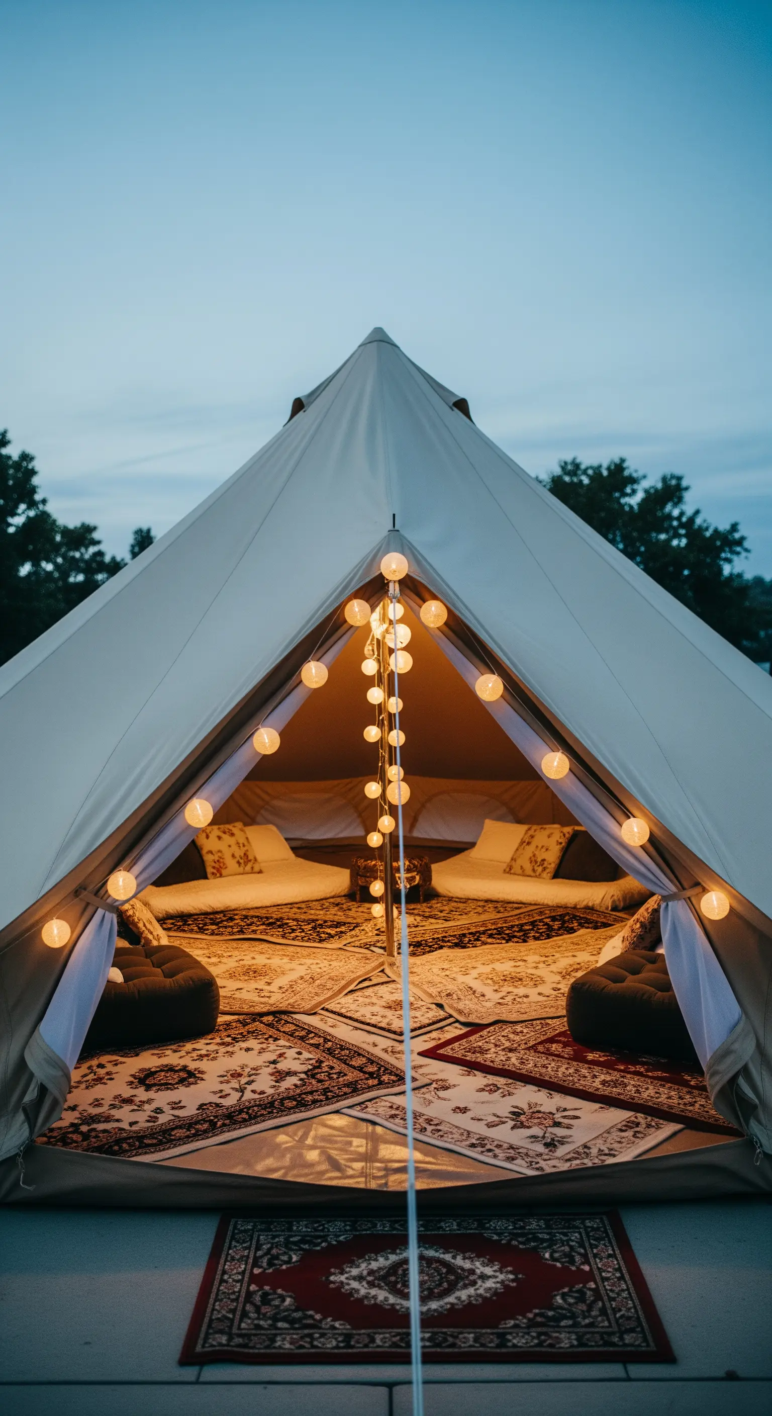 Interno di una tenda glamping con tappeti persiani sovrapposti, cuscini e luci a globo.
