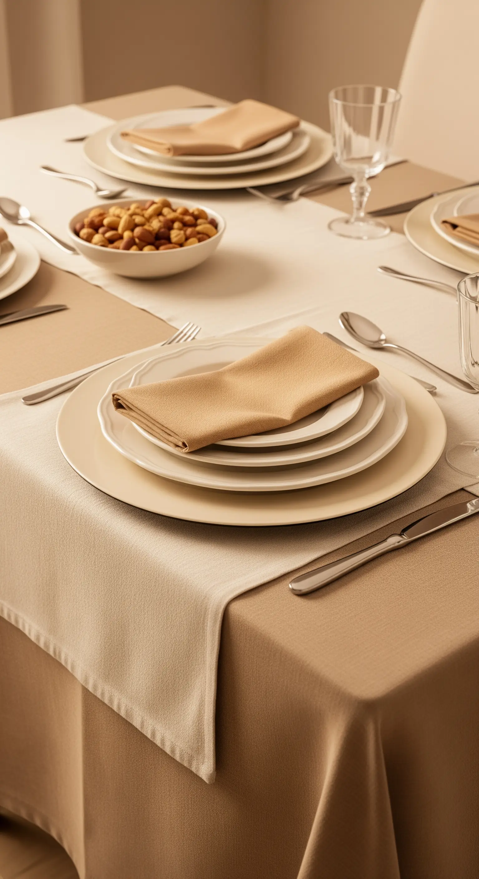 Tavola apparecchiata con una palette di diverse tonalità di beige e color sabbia.