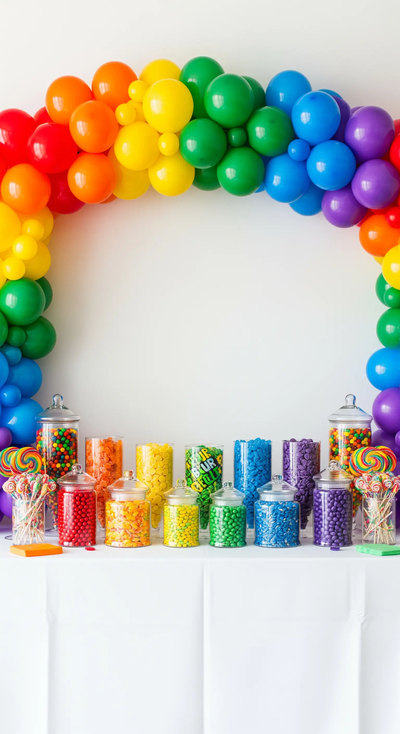 Candy bar a tema arcobaleno con arco di palloncini colorati e vasi di caramelle coordinate