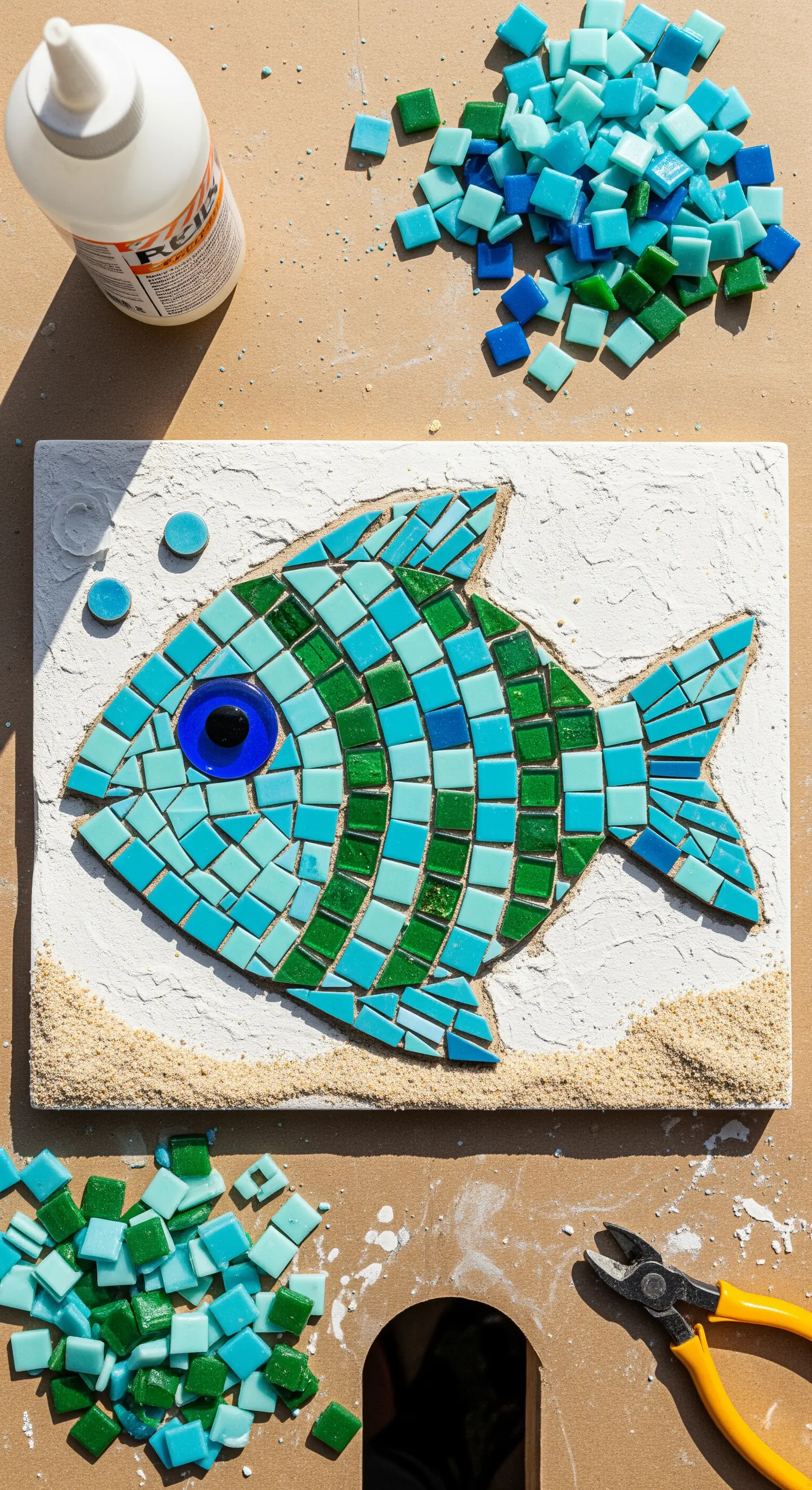 Mosaico a forma di pesce con tessere verdi e turchesi su fondo bianco testurizzato con sabbia.