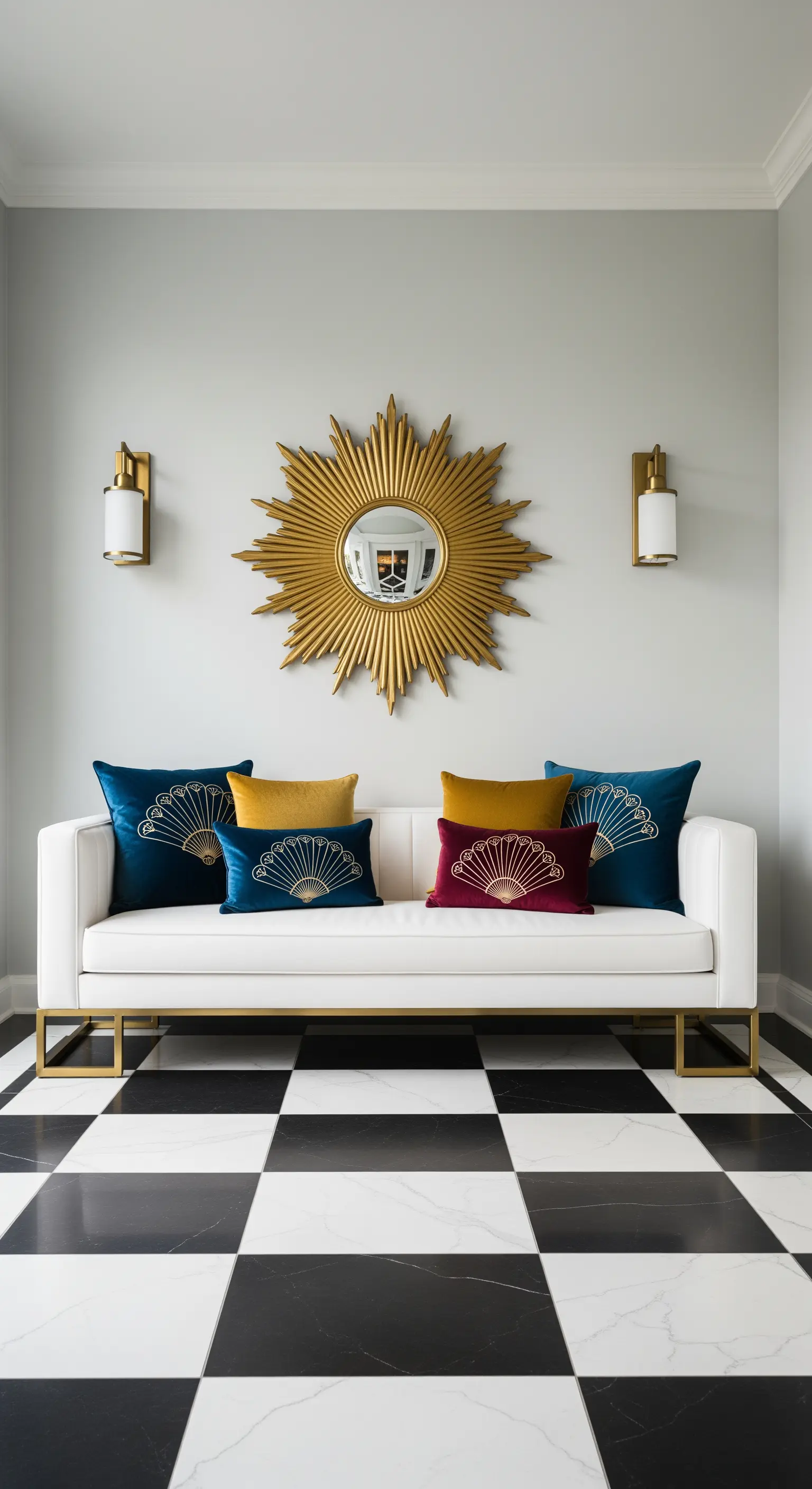 Ingresso con pavimento a scacchi, divano bianco, specchio a sole dorato e cuscini decorati.
