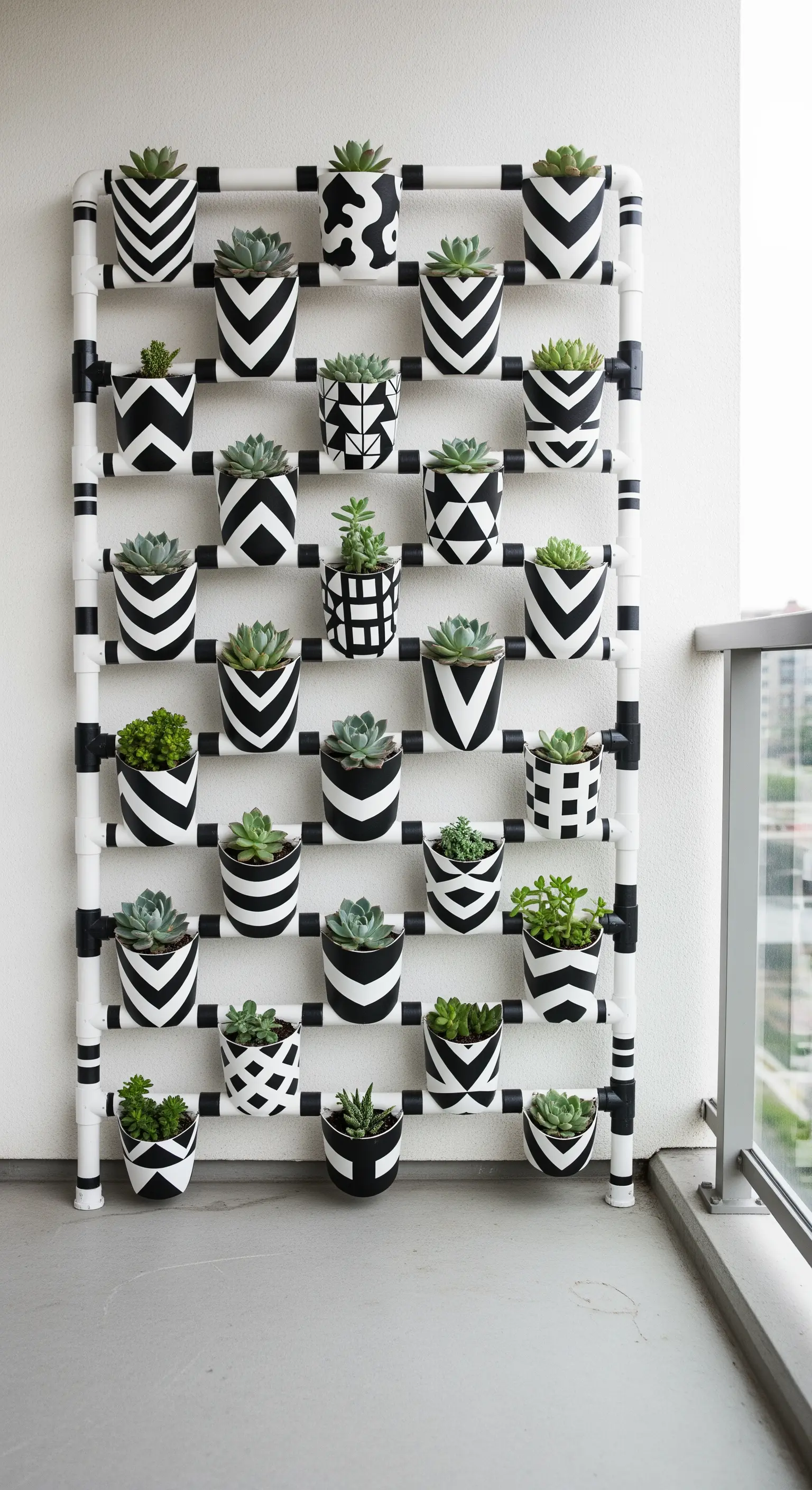 Struttura a griglia in PVC bianco e nero con vasi decorati con motivi geometrici.
