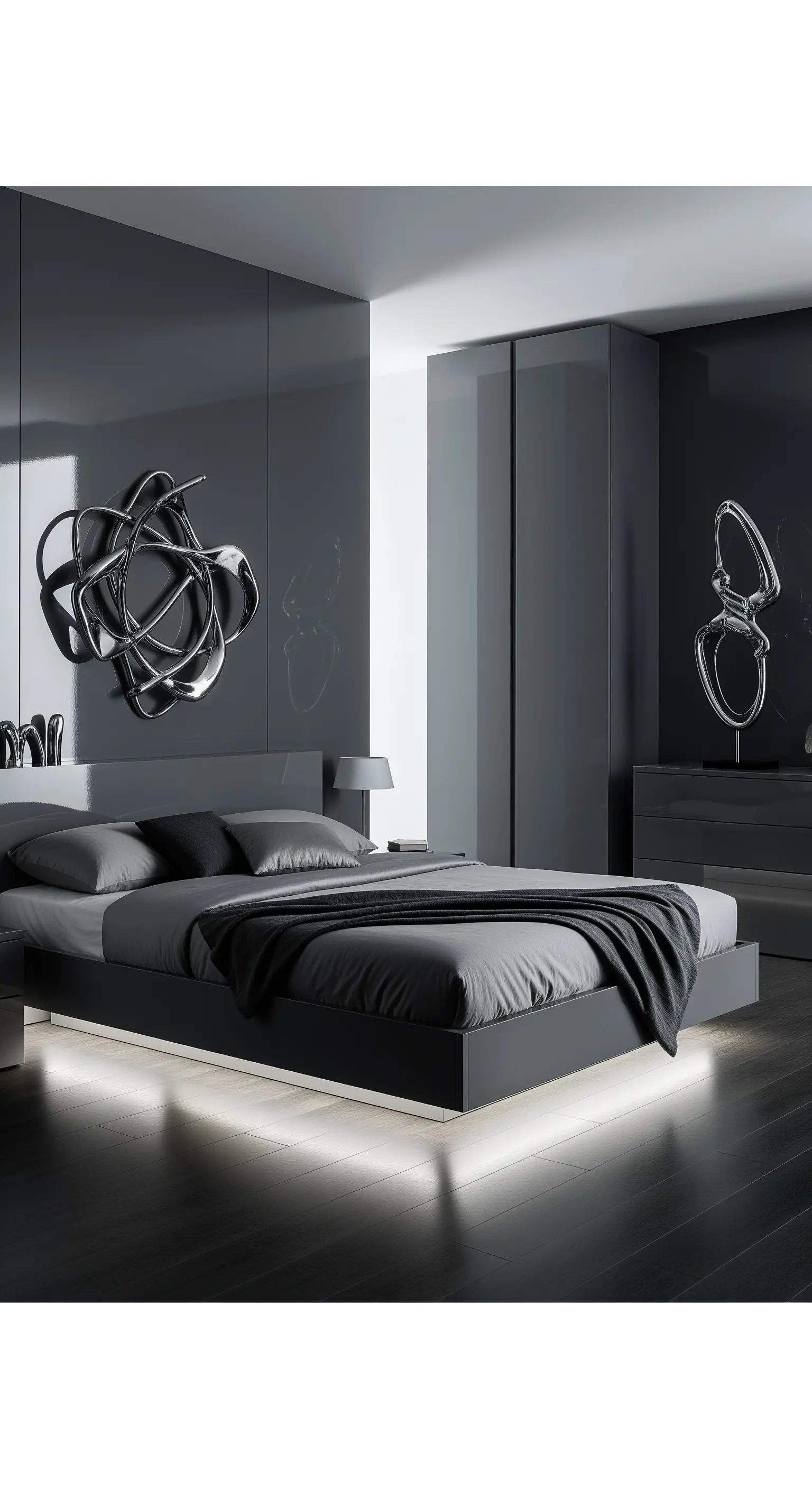 Camera da letto moderna con mobili laccati color grafite e illuminazione a LED sotto il letto.