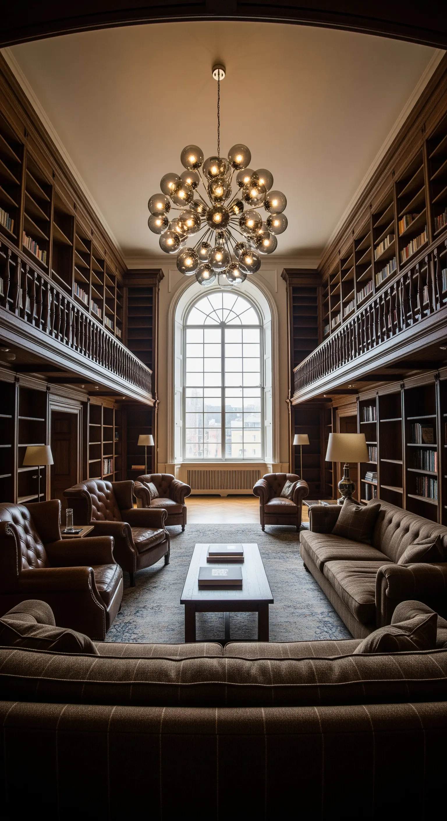 Biblioteca classica a due piani con boiserie in legno e un grande lampadario moderno a sfere.