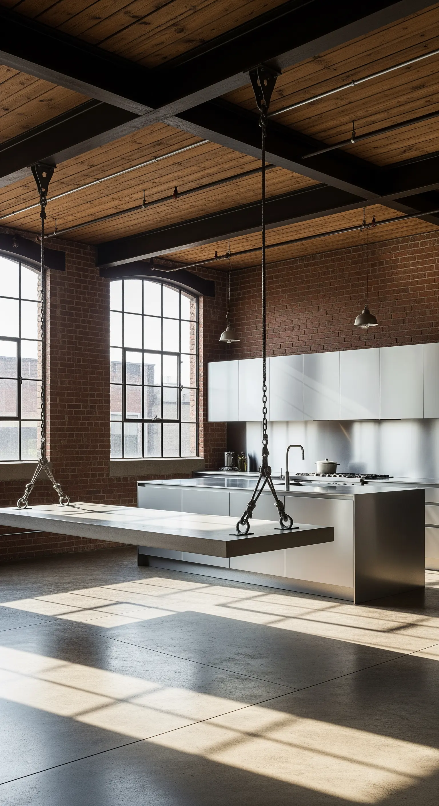 Tavolo sospeso in stile industriale con catene metalliche in un loft con mattoni a vista.