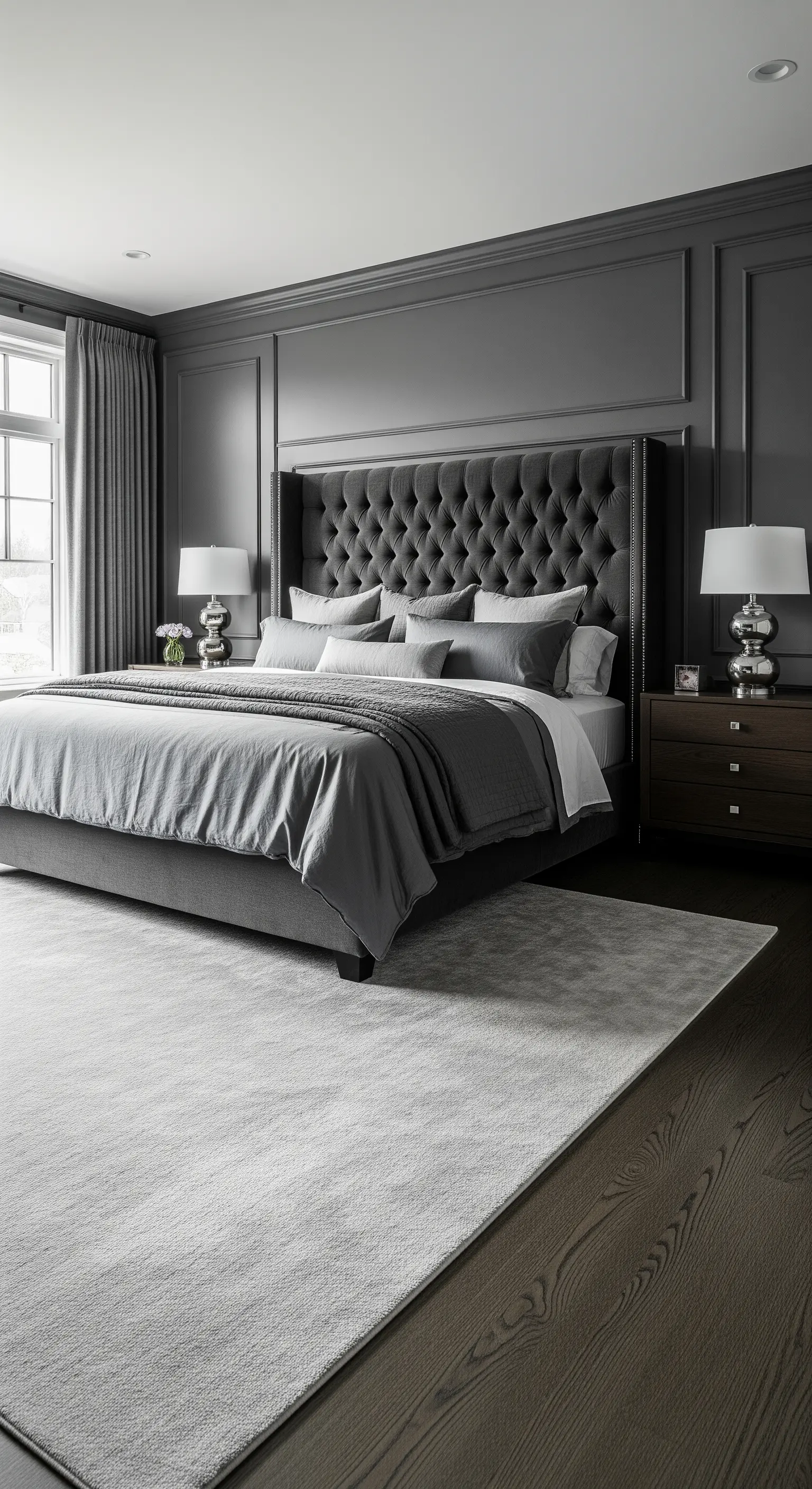 Camera da letto in grigio scuro con boiserie, letto capitonné e lampade cromate.