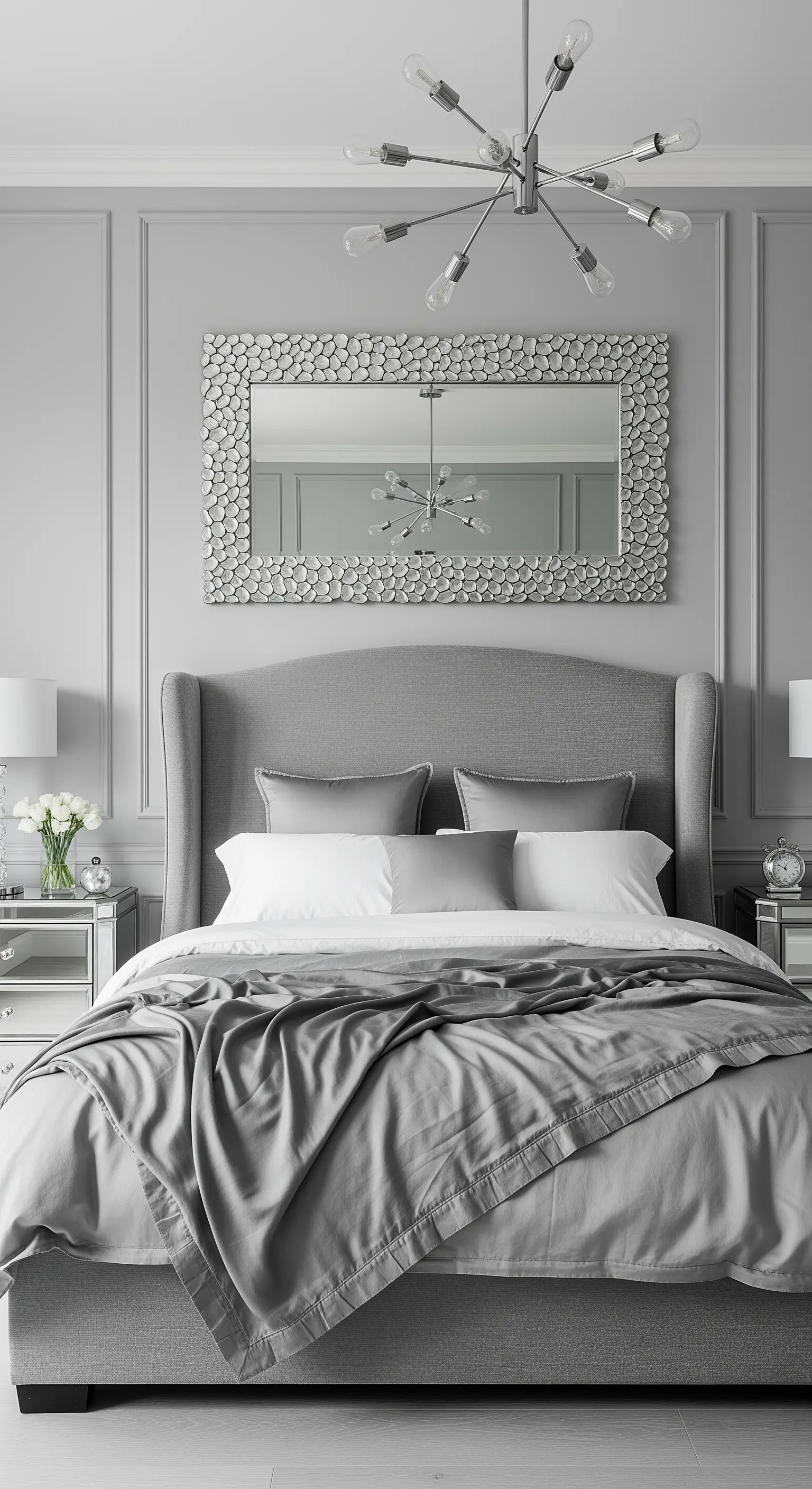 Camera da letto grigio perla con mobili a specchio e un grande specchio decorativo.