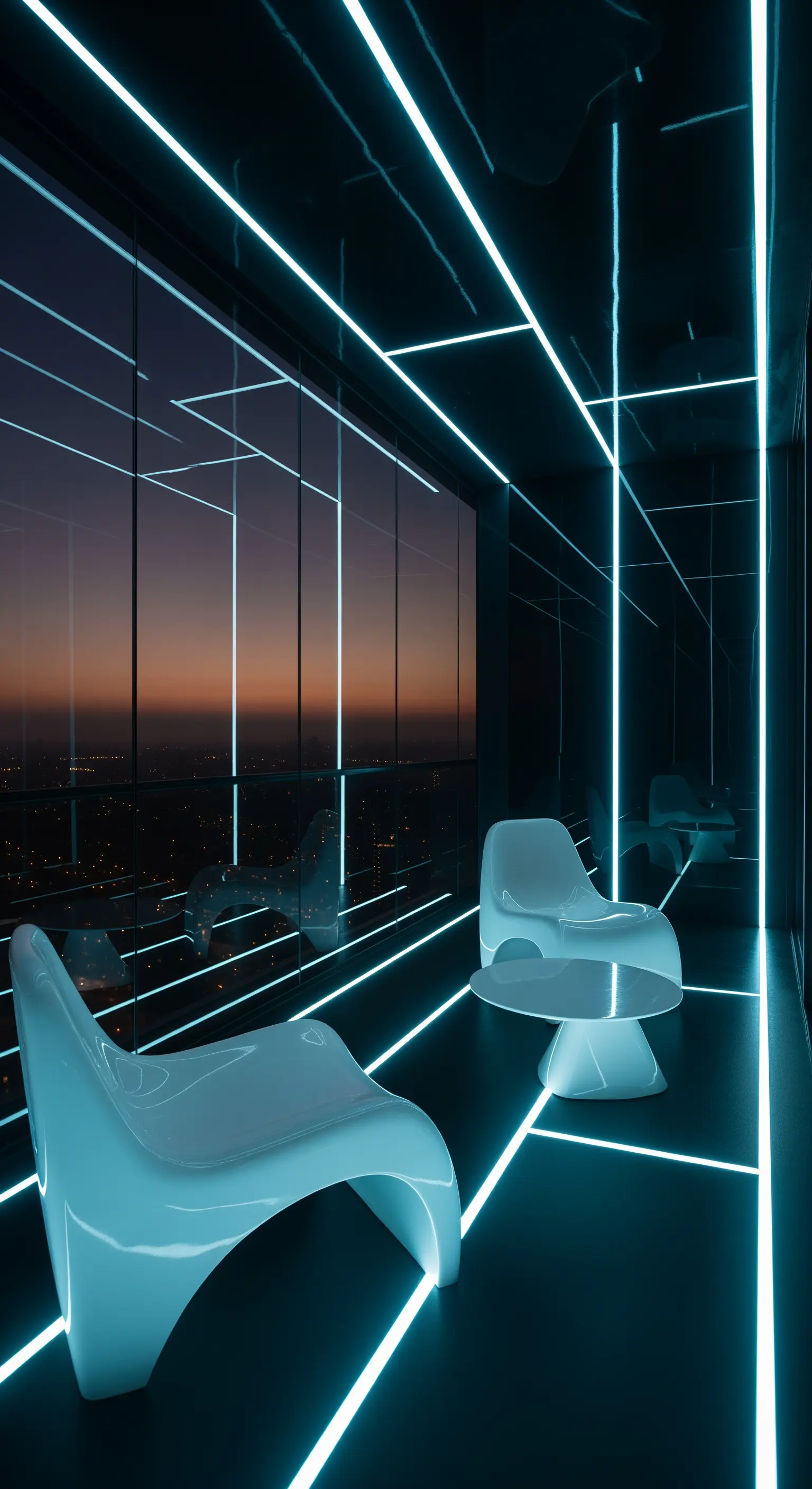 Balcone futuristico con una griglia di linee luminose a LED blu su tutte le superfici.
