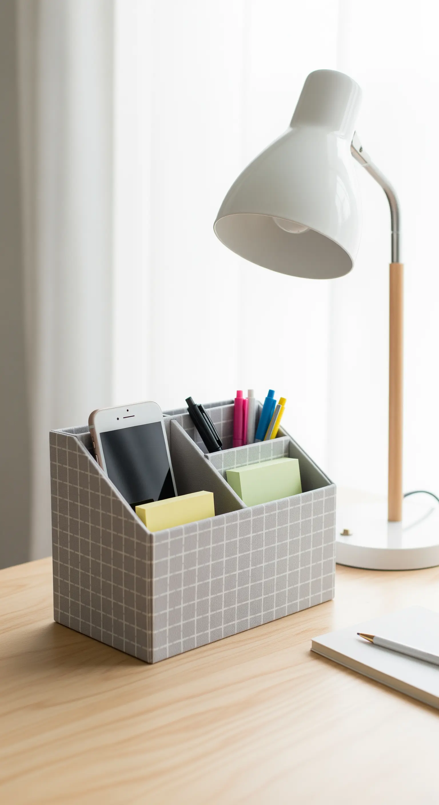 Organizer da scrivania con motivo a griglia grigio, contenente smartphone, post-it e penne.