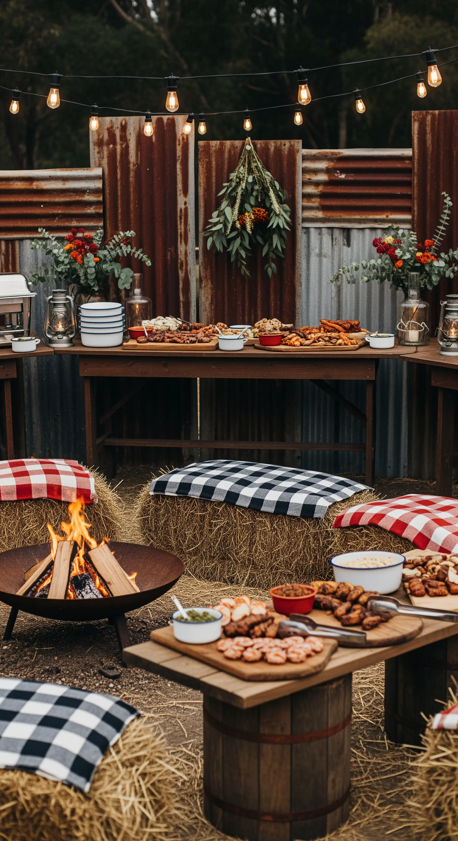 Allestimento per barbecue in stile rustico con balle di fieno, fuoco e luci a stringa.