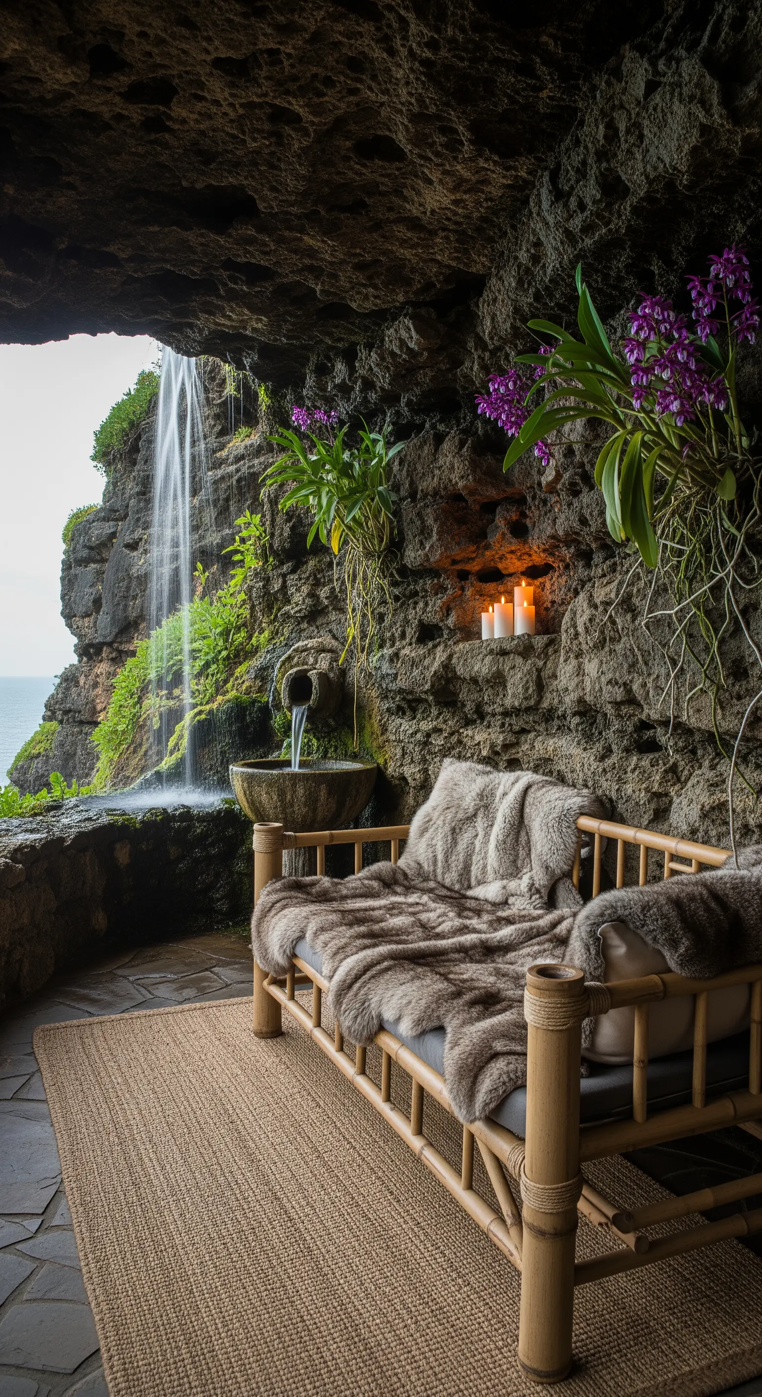 Rifugio in una grotta rocciosa con lettino in bambù, candele e vista su una cascata e sul mare.