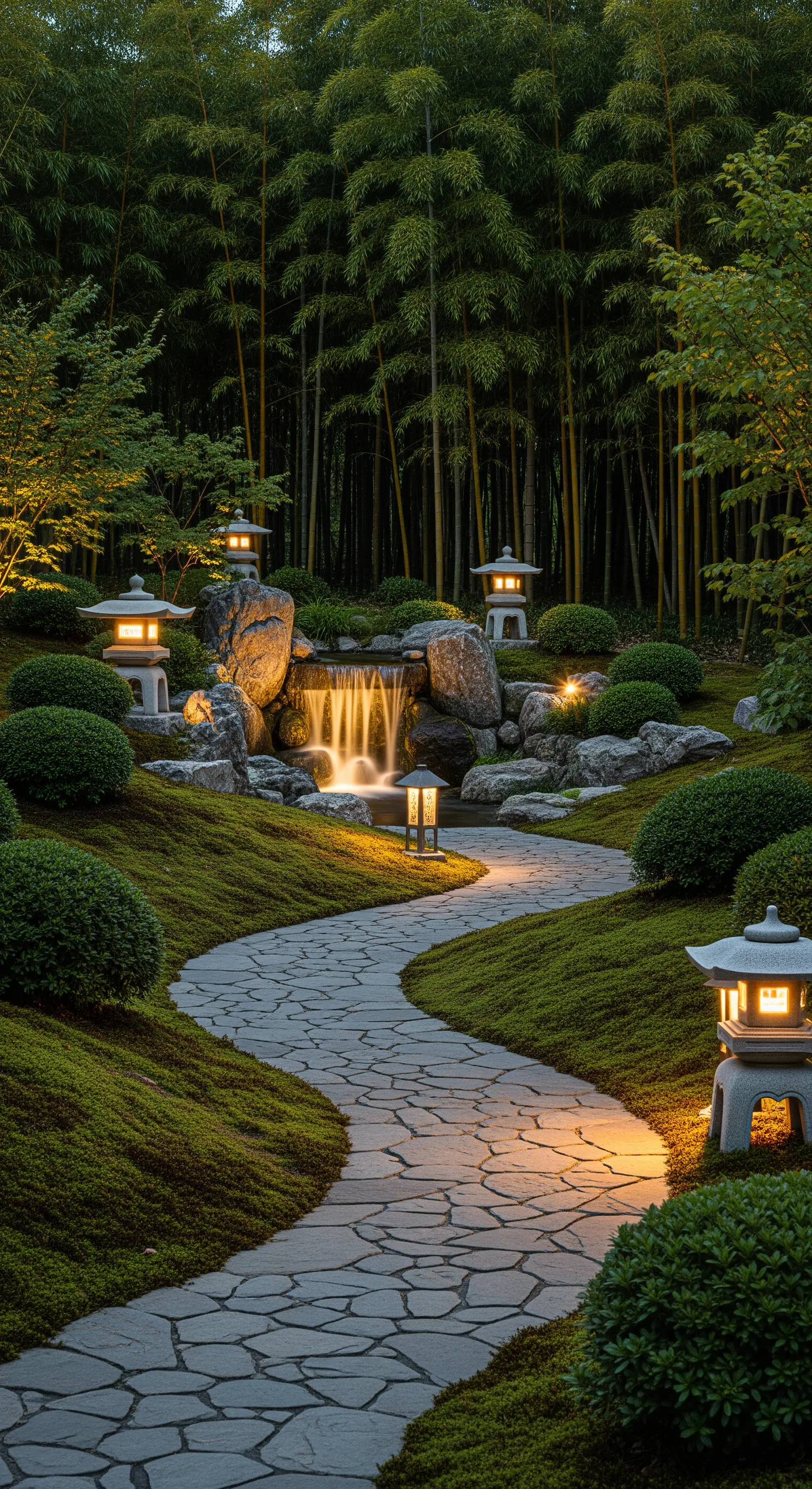 Sentiero in pietra illuminato da lanterne giapponesi in un giardino con cascata.