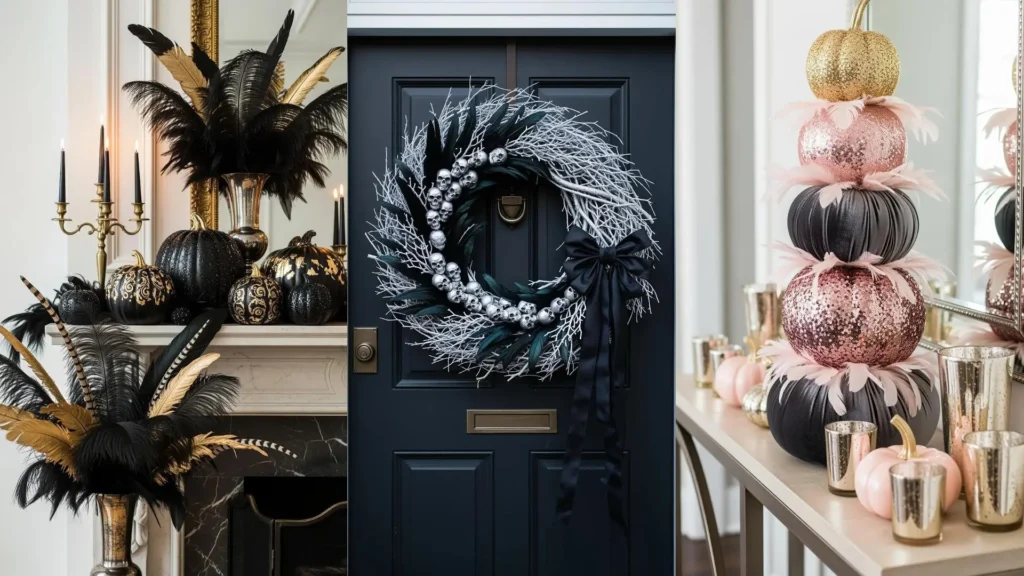 Decorazioni Halloween glamour con zucche glitterate nere, oro e rosa, e piume eleganti per un tocco di lusso.