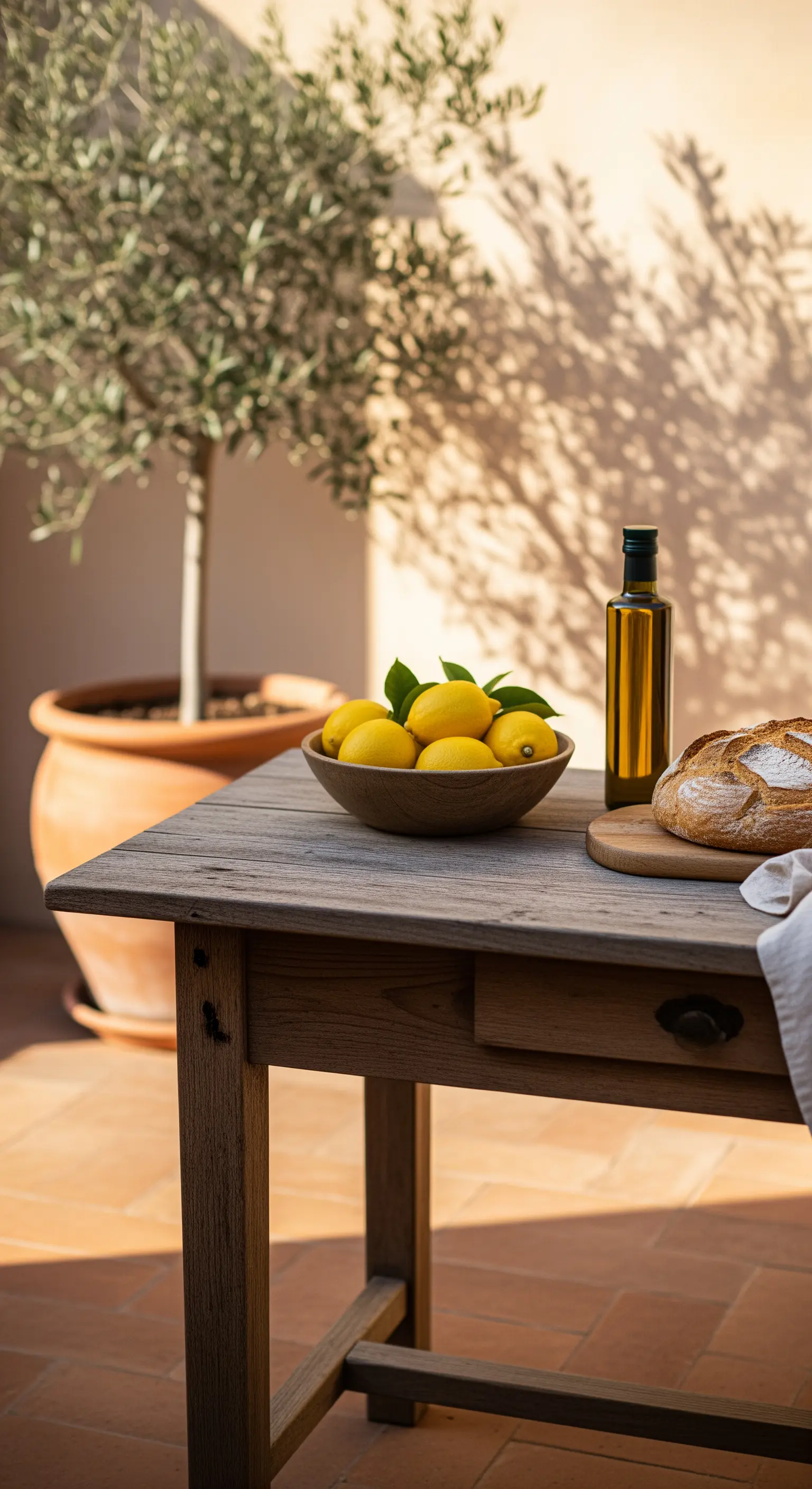 Tavolo in legno con limoni, olio e pane, illuminato dalla luce calda del sole.