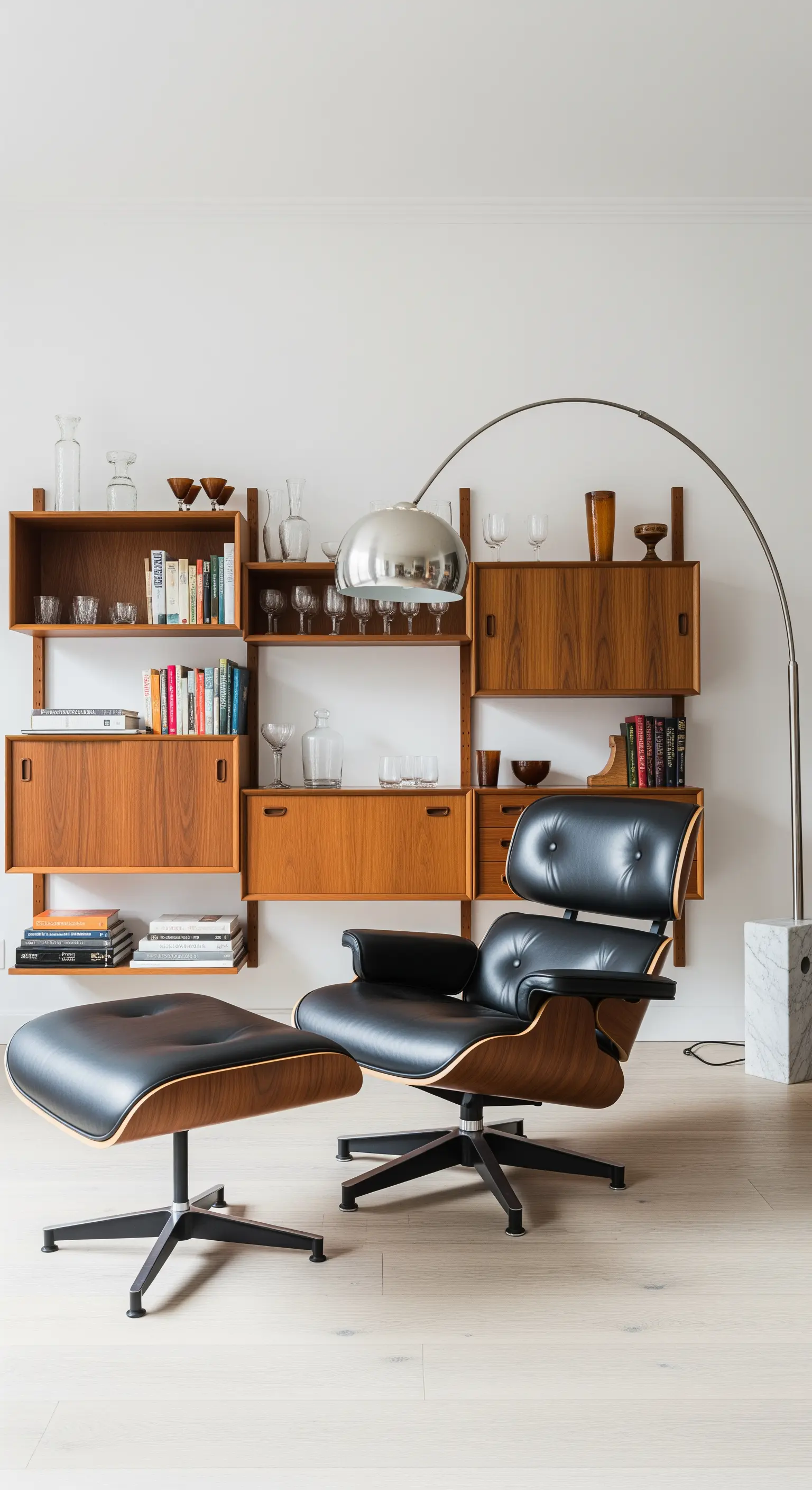 Sistema di scaffali Mid-Century Modern in teak con una poltrona Eames in pelle nera.