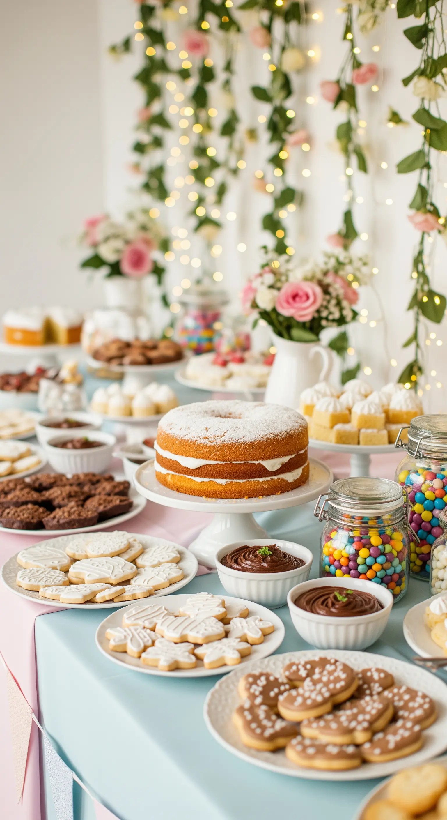 Tavolo dei dolci ricco di torte e biscotti, con uno sfondo di luci e rampicanti.
