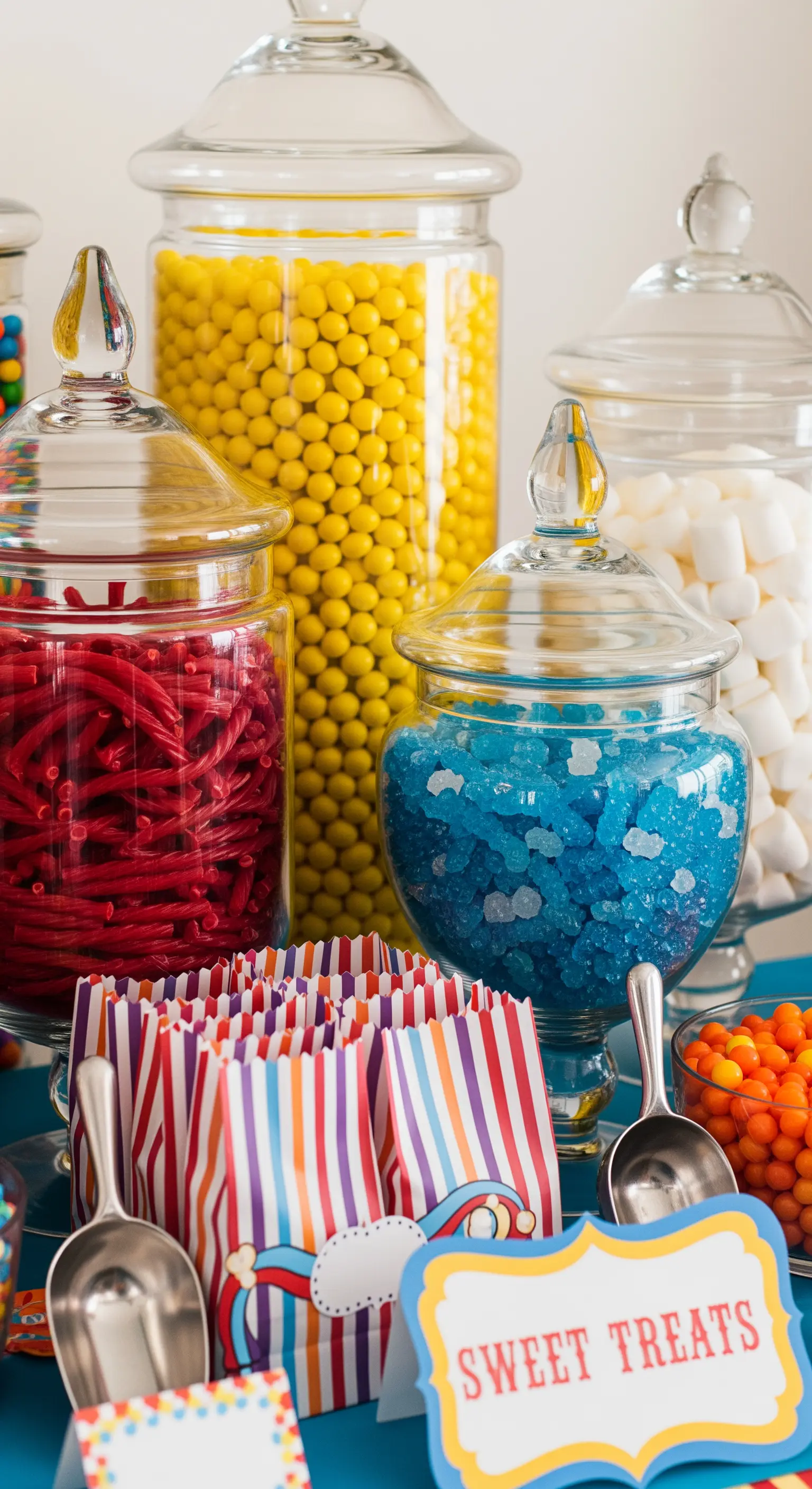 Candy bar con grandi vasi di vetro pieni di caramelle colorate e sacchetti a righe.