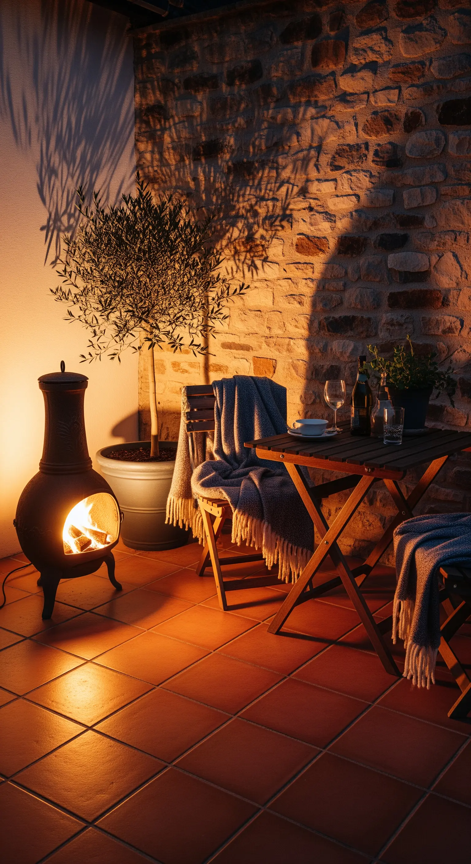 Angolo intimo serale con una stufa chiminea accesa, sedie in legno e plaid.