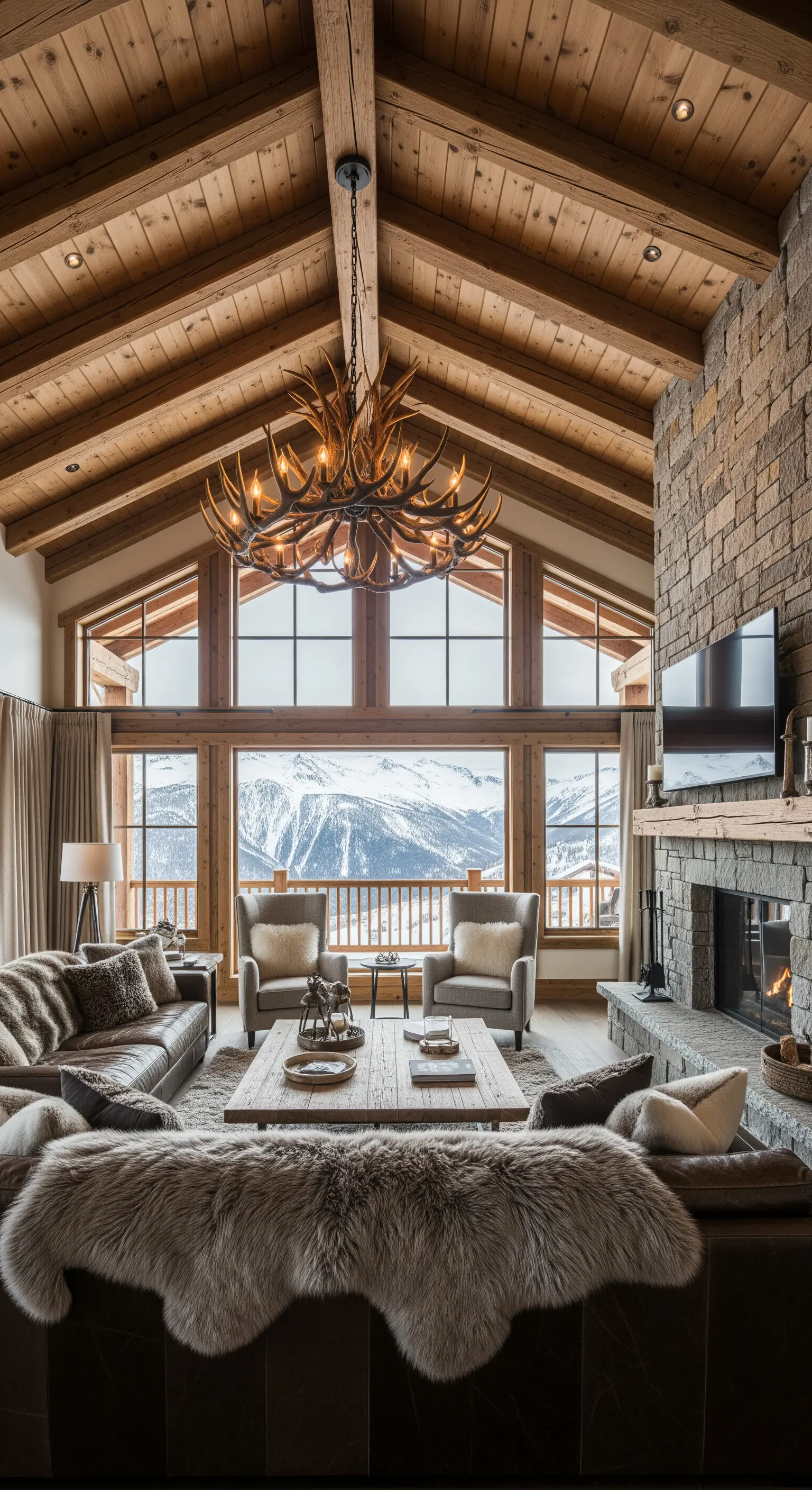 Chalet di montagna con soffitto in legno a capanna, camino in pietra e lampadario con corna.