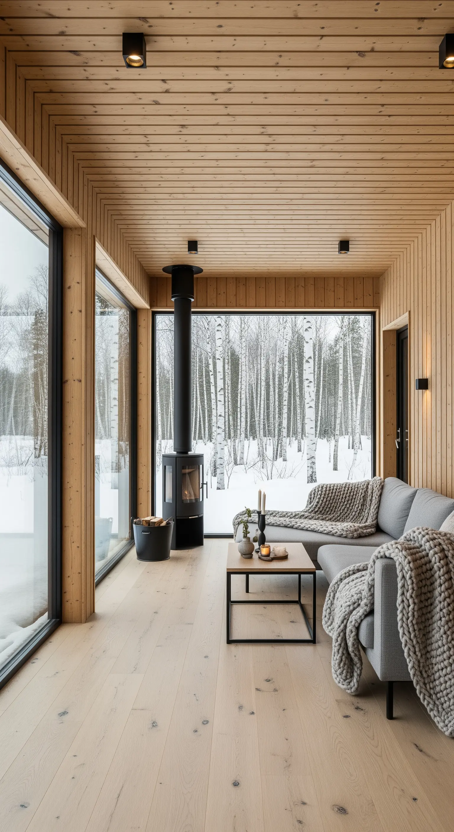 Veranda rivestita in legno chiaro con stufa a legna e divano grigio con plaid di lana
