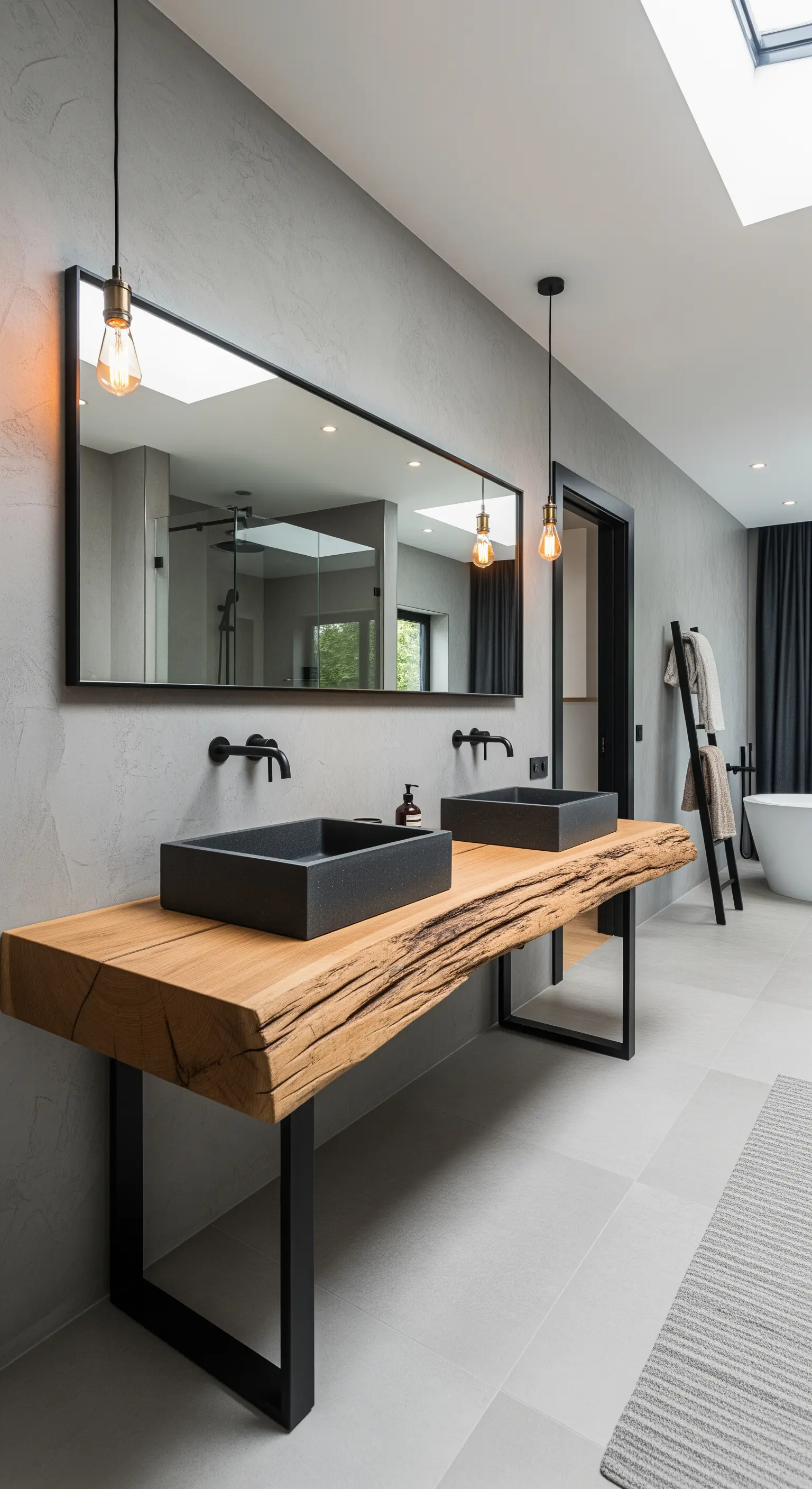 Mobile bagno con top in legno massello a bordo vivo e lavabi neri.