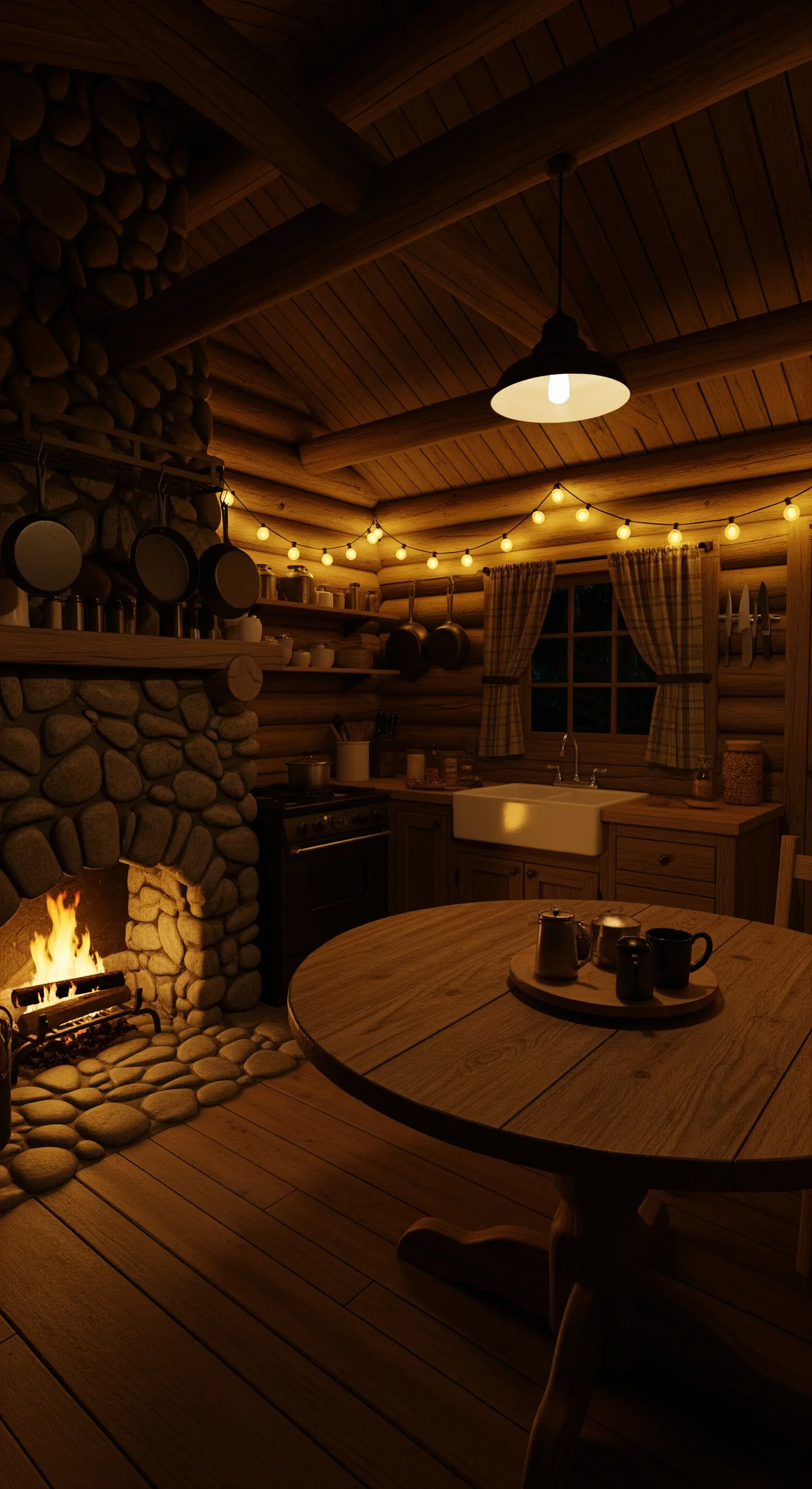 Interno di una baita in legno con camino acceso e luci a stringa che decorano la cucina.