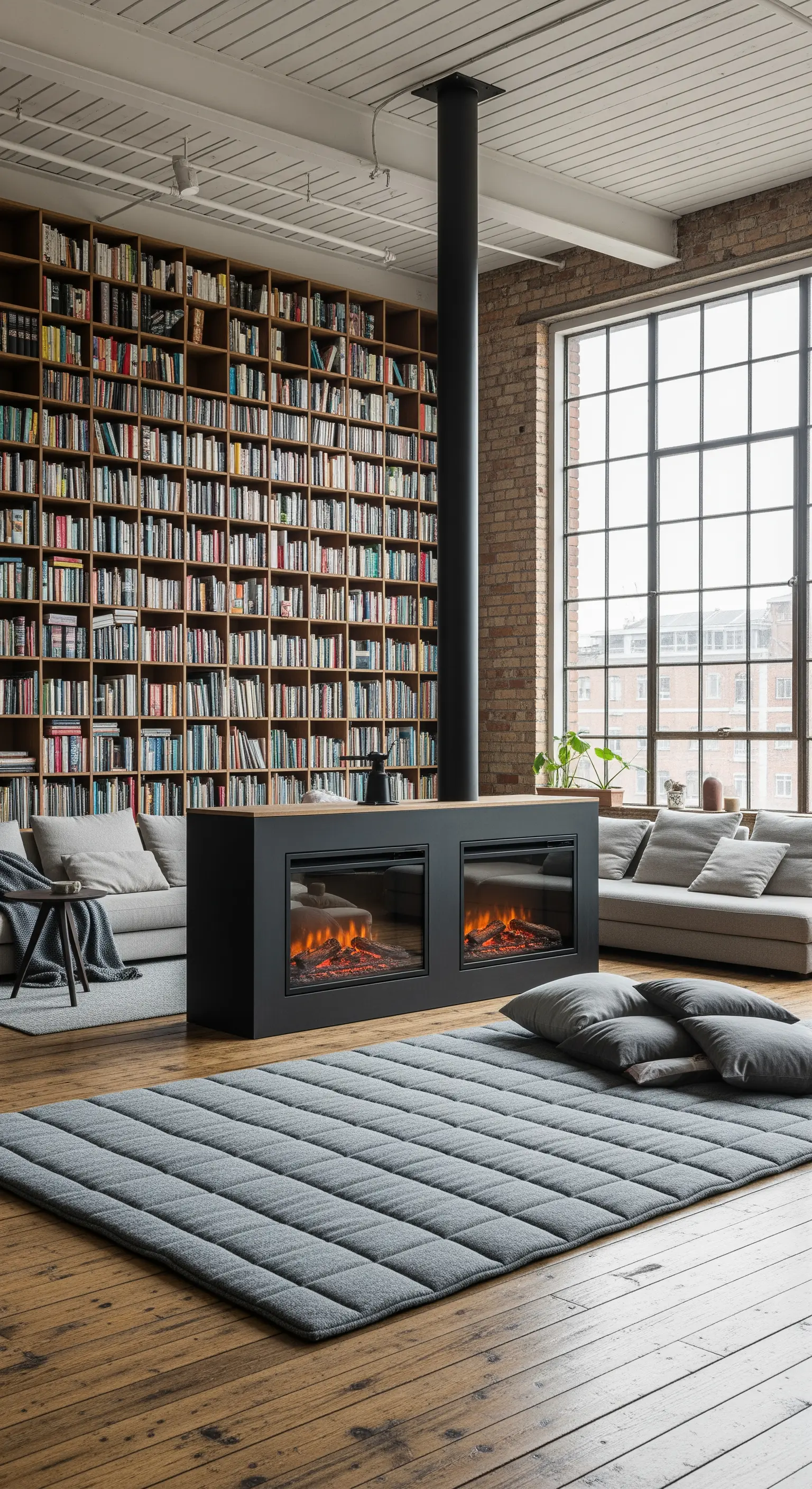 Loft con libreria a tutta parete e camino bifacciale che separa le aree living.