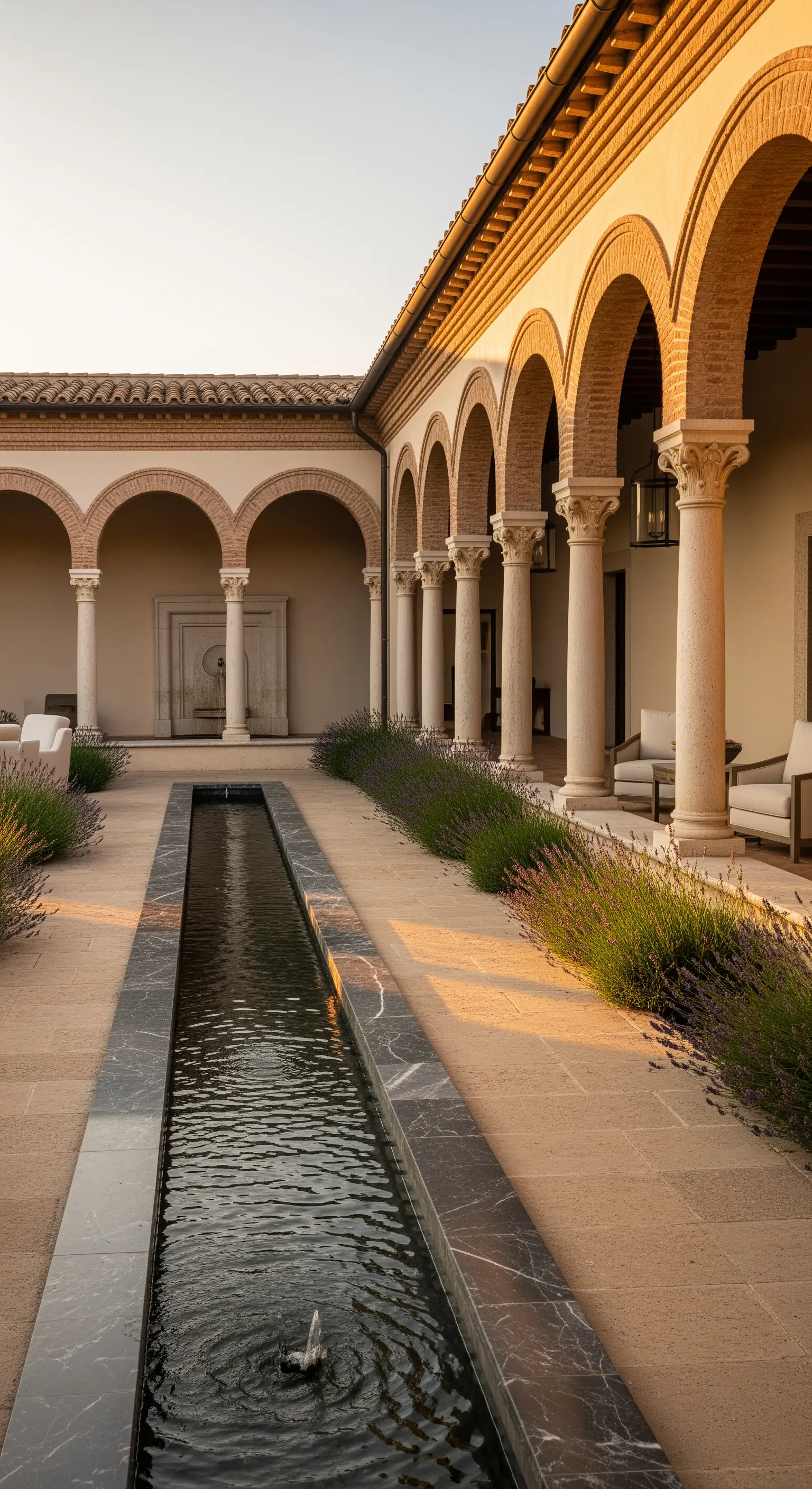 Cortile in stile mediterraneo con porticato ad archi, canale d'acqua centrale e cespugli di lavanda