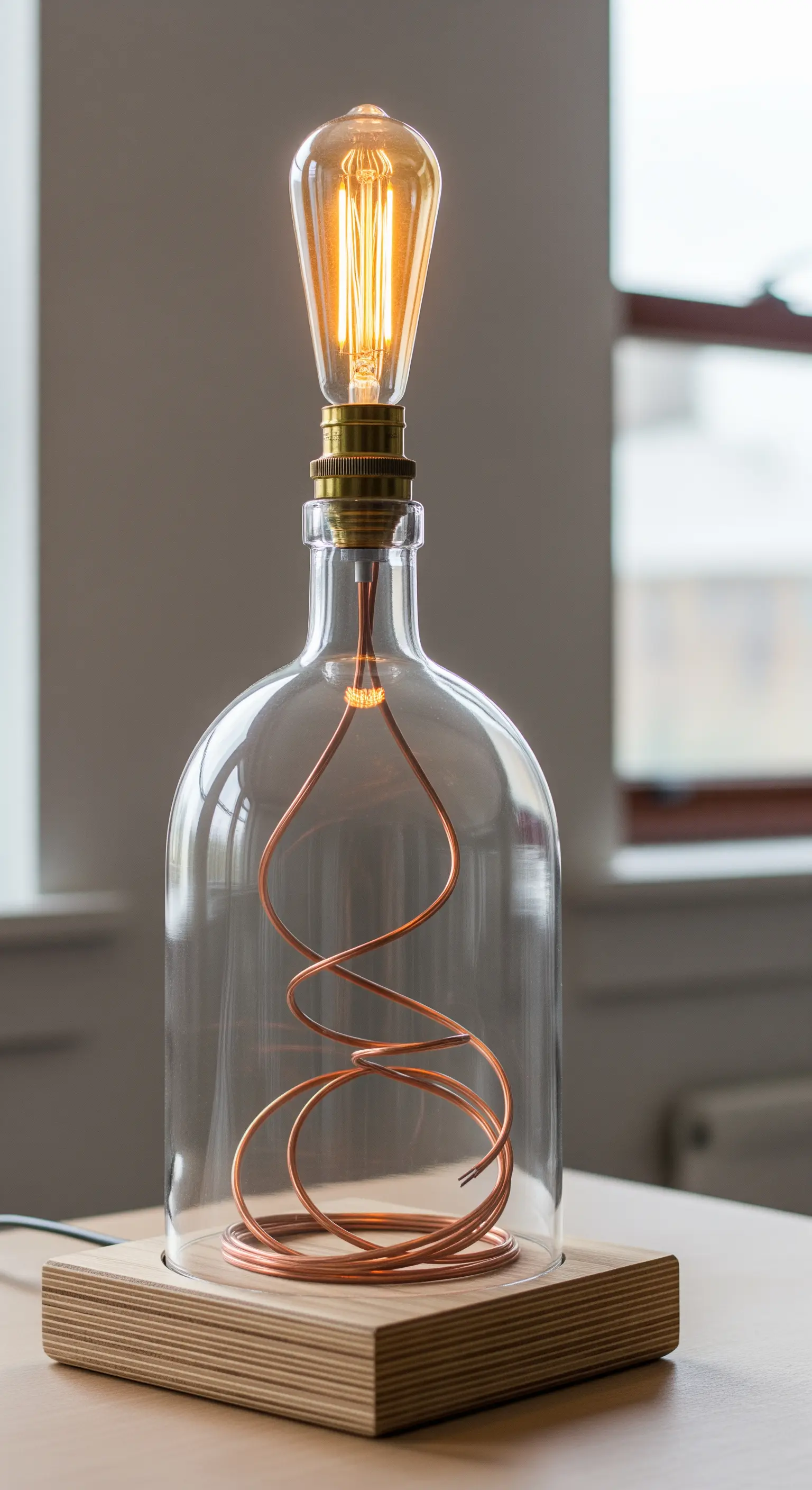 Lampada con bottiglia di vetro trasparente che mostra un filo di rame a spirale all'interno.