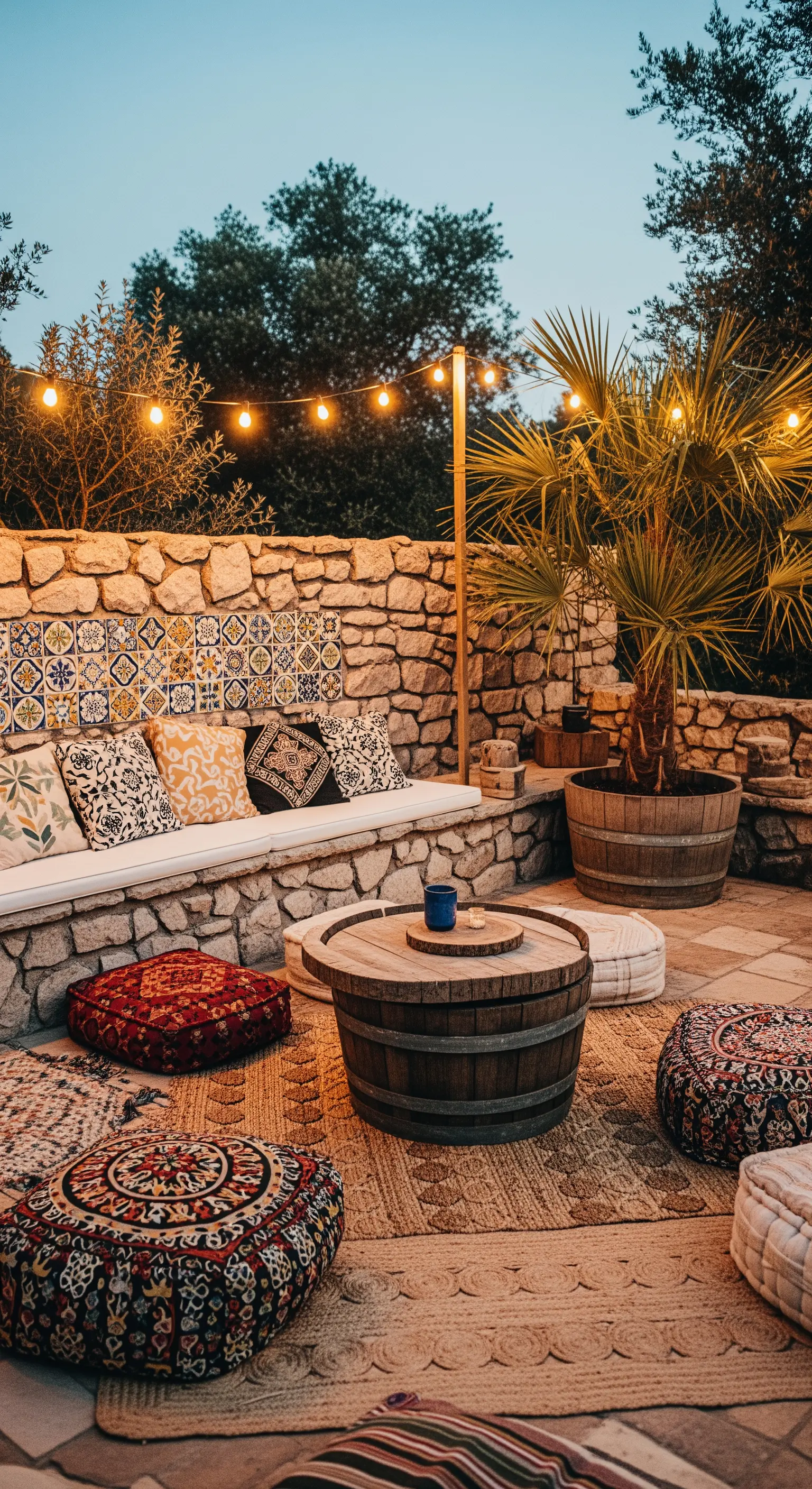 Salotto outdoor in stile bohemien con una botte usata come tavolino, circondata da cuscini a terra.