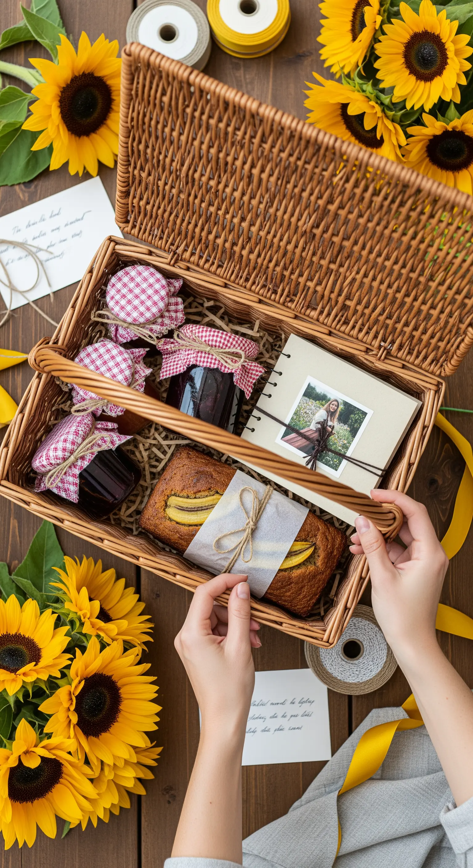 Cesto di vimini con marmellate fatte in casa, un plumcake e un album fotografico tra i girasoli.