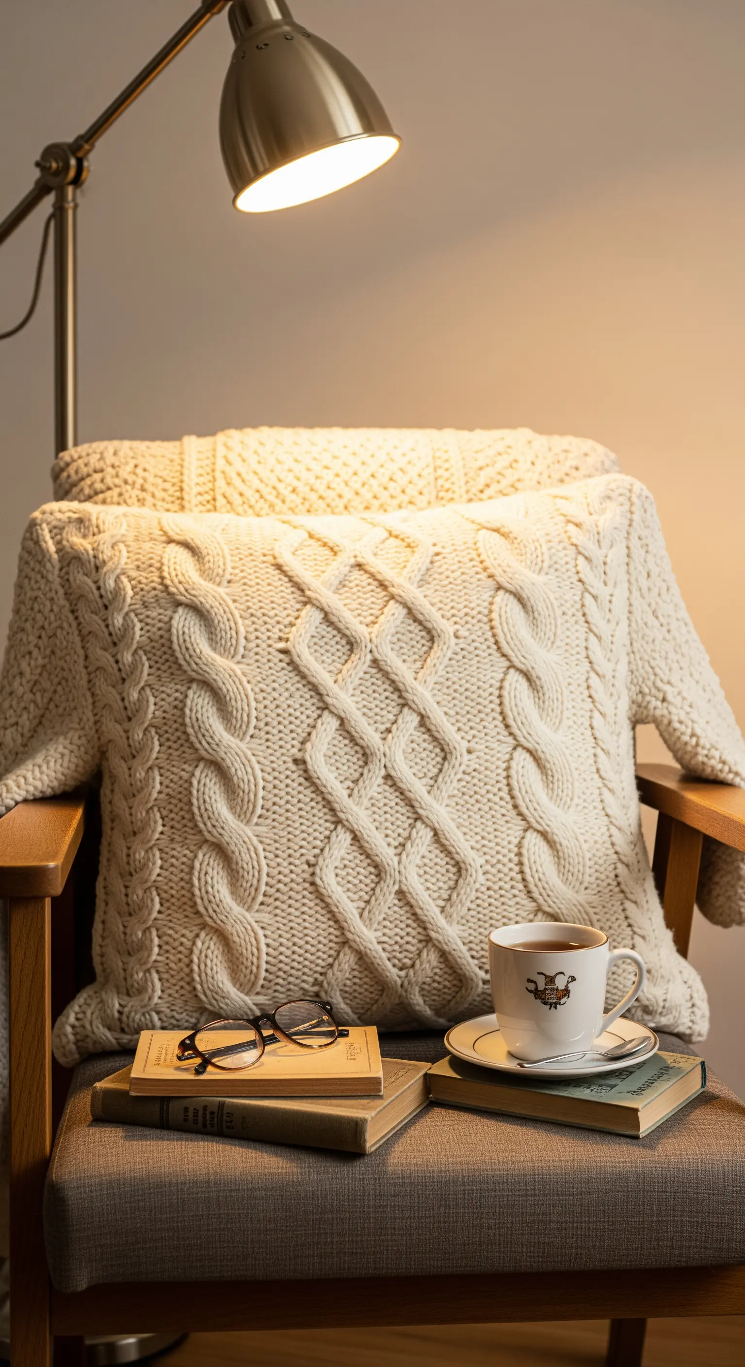 Cuscino fai-da-te color crema con lavorazione a trecce, ricavato da un maglione Aran.