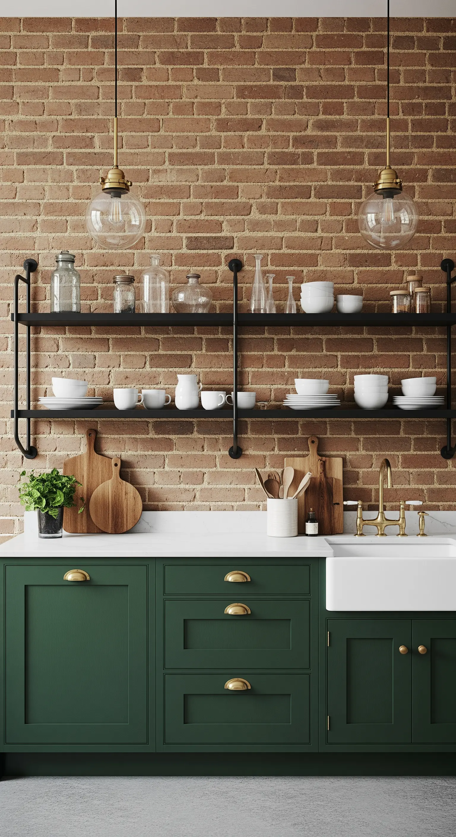 Cucina con mobili verde scuro, maniglie in ottone e parete di mattoni.