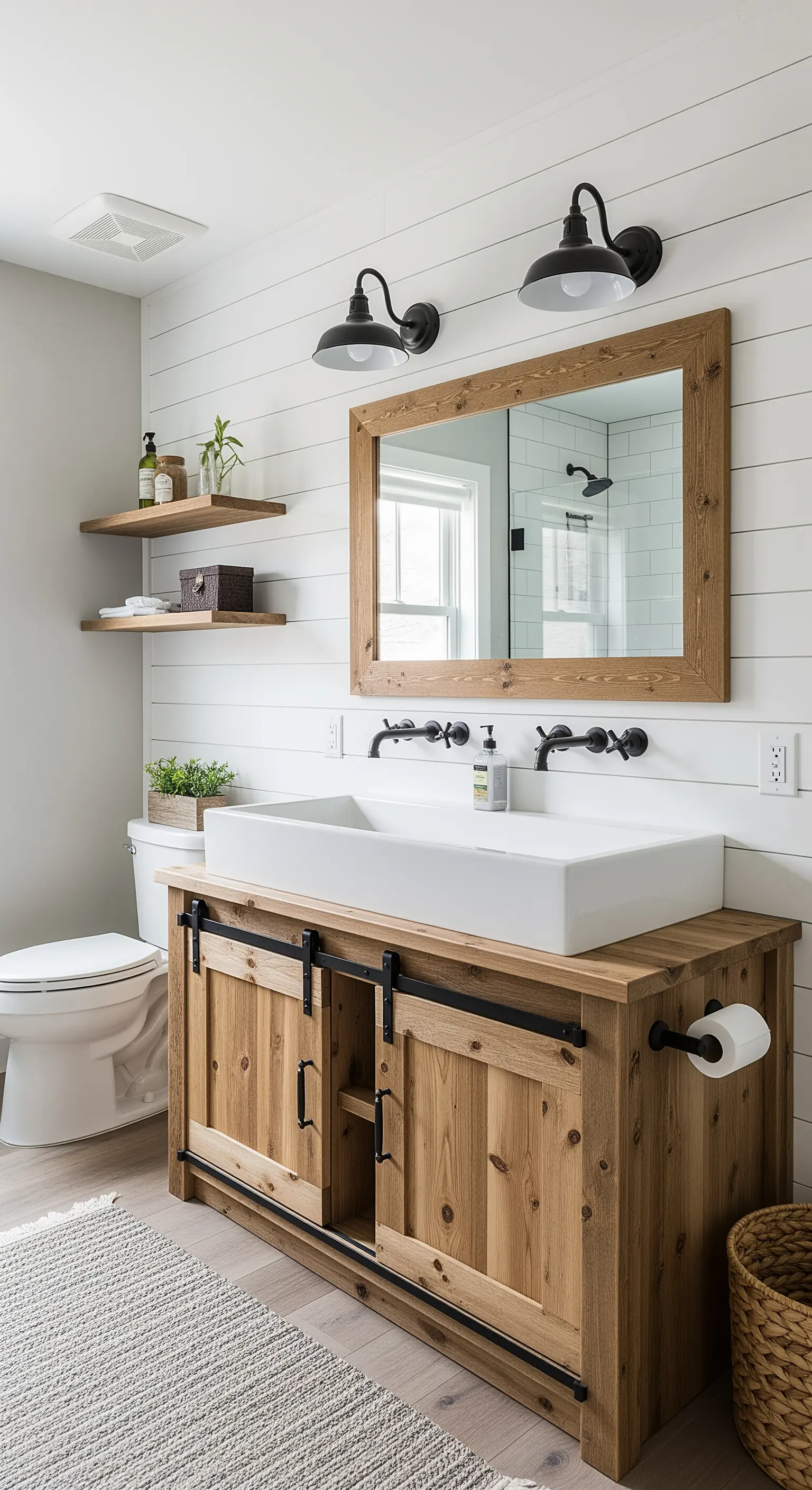 Mobile bagno in legno con ante scorrevoli e ferramenta nera in stile country.