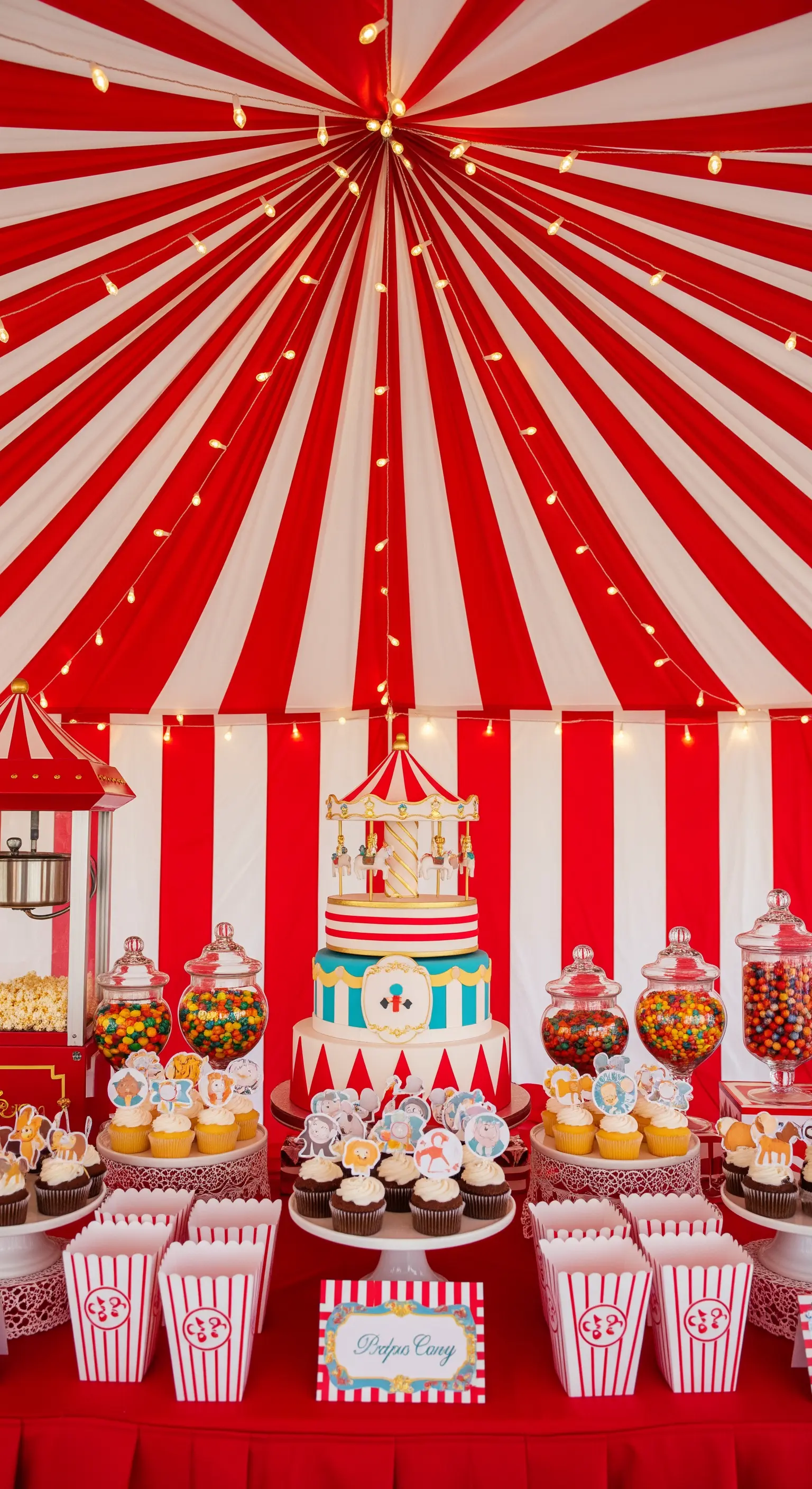 Sweet table a tema circo sotto un tendone a strisce rosse e bianche con lucine.