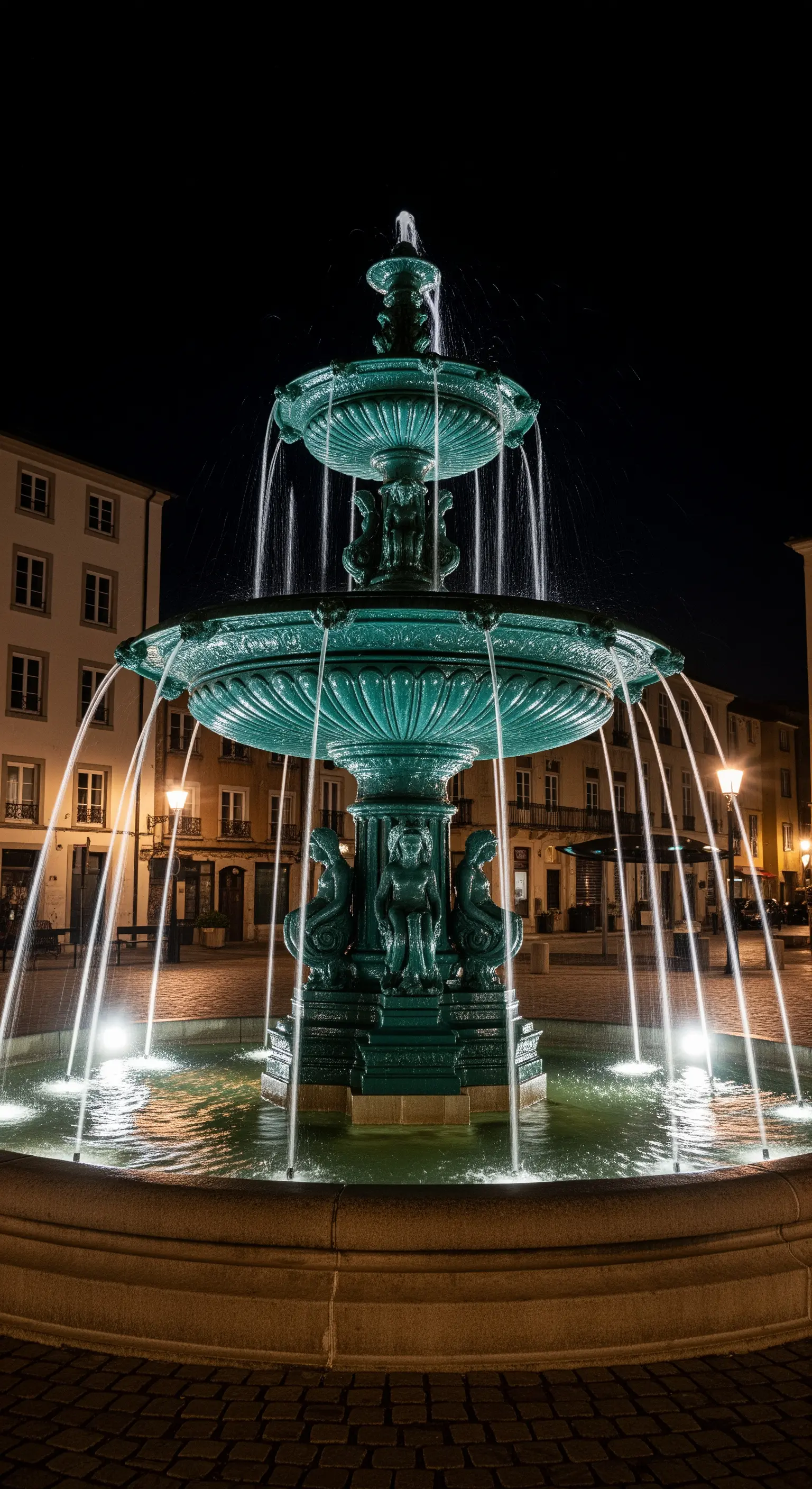Grande fontana ornamentale in una piazza, illuminata da luci subacquee.