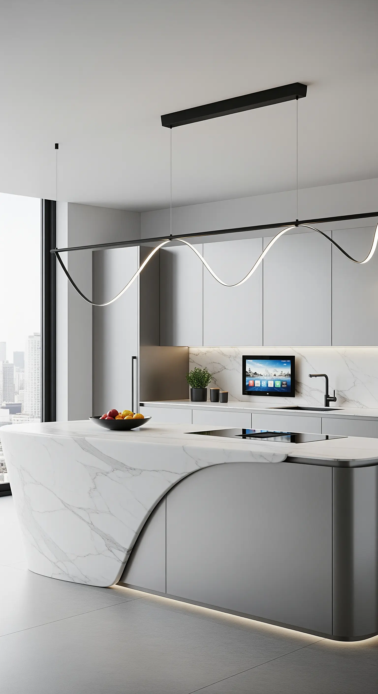 Cucina futuristica con isola curva in marmo e lampada a LED ondulata.