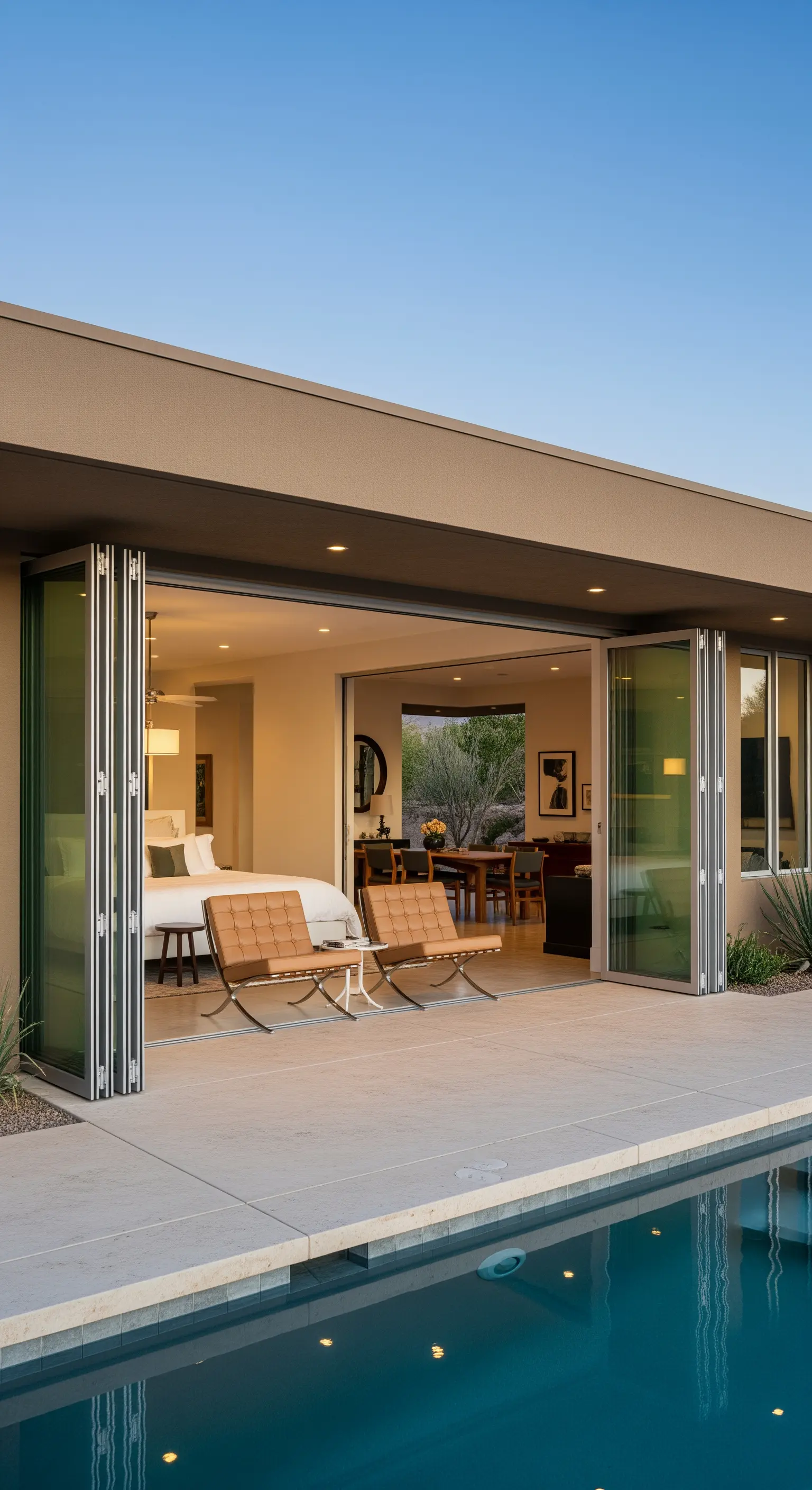 Veranda con porte a libro aperte e due poltrone Barcelona in pelle color cuoio a bordo piscina