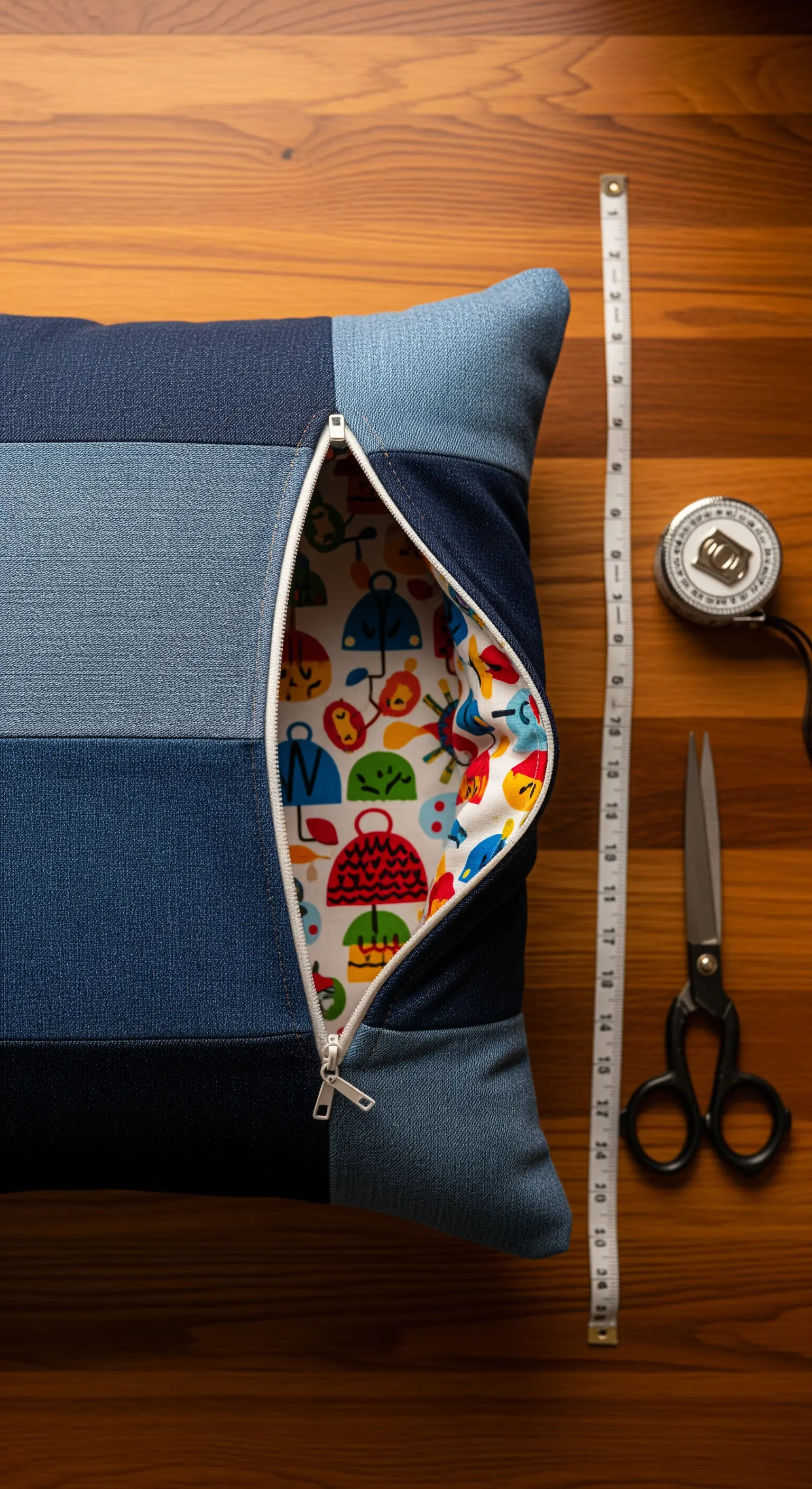 Cuscino in denim con una cerniera aperta che rivela una fodera interna con una stampa colorata.